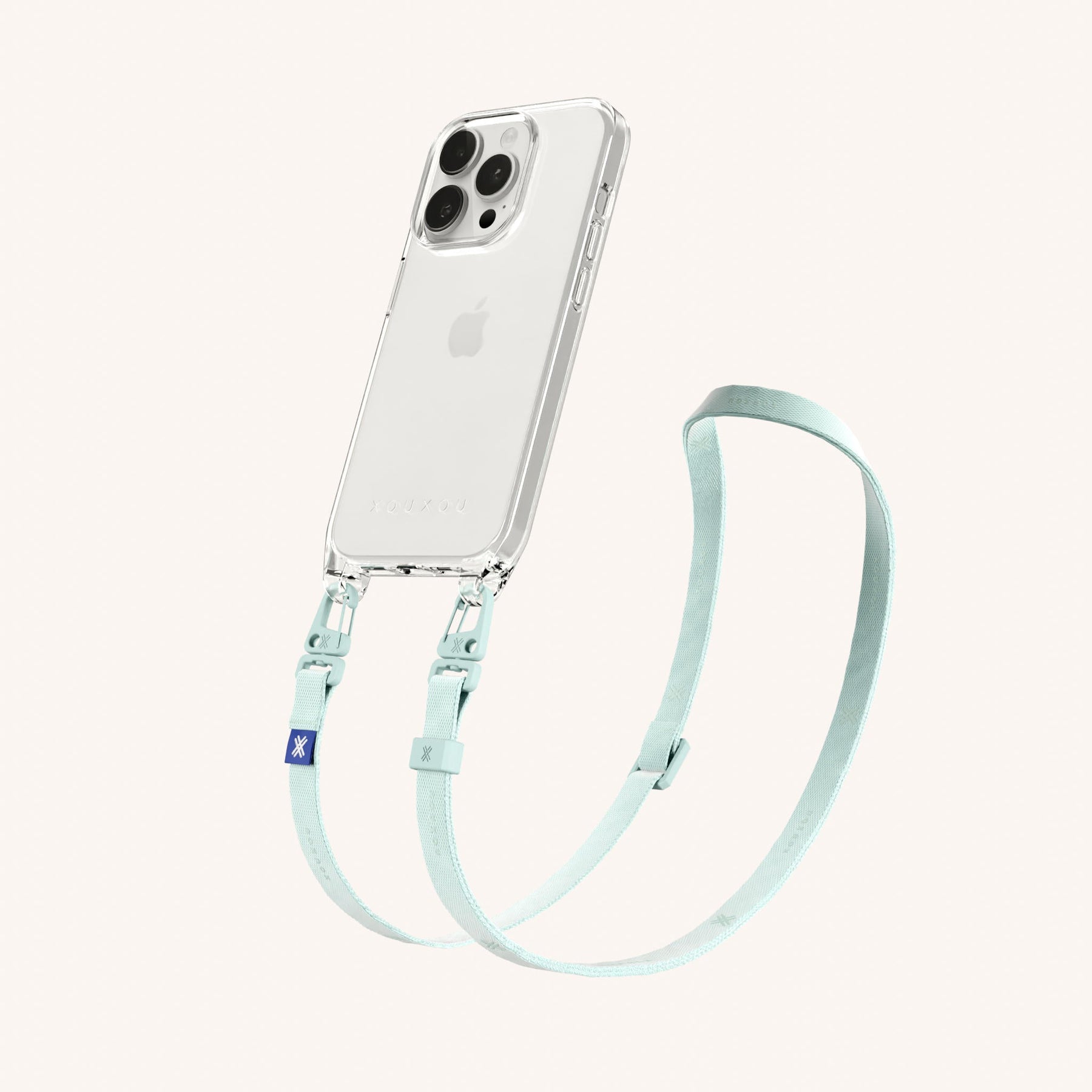 Phone Necklace with Slim Lanyard in Clear + Azzurro