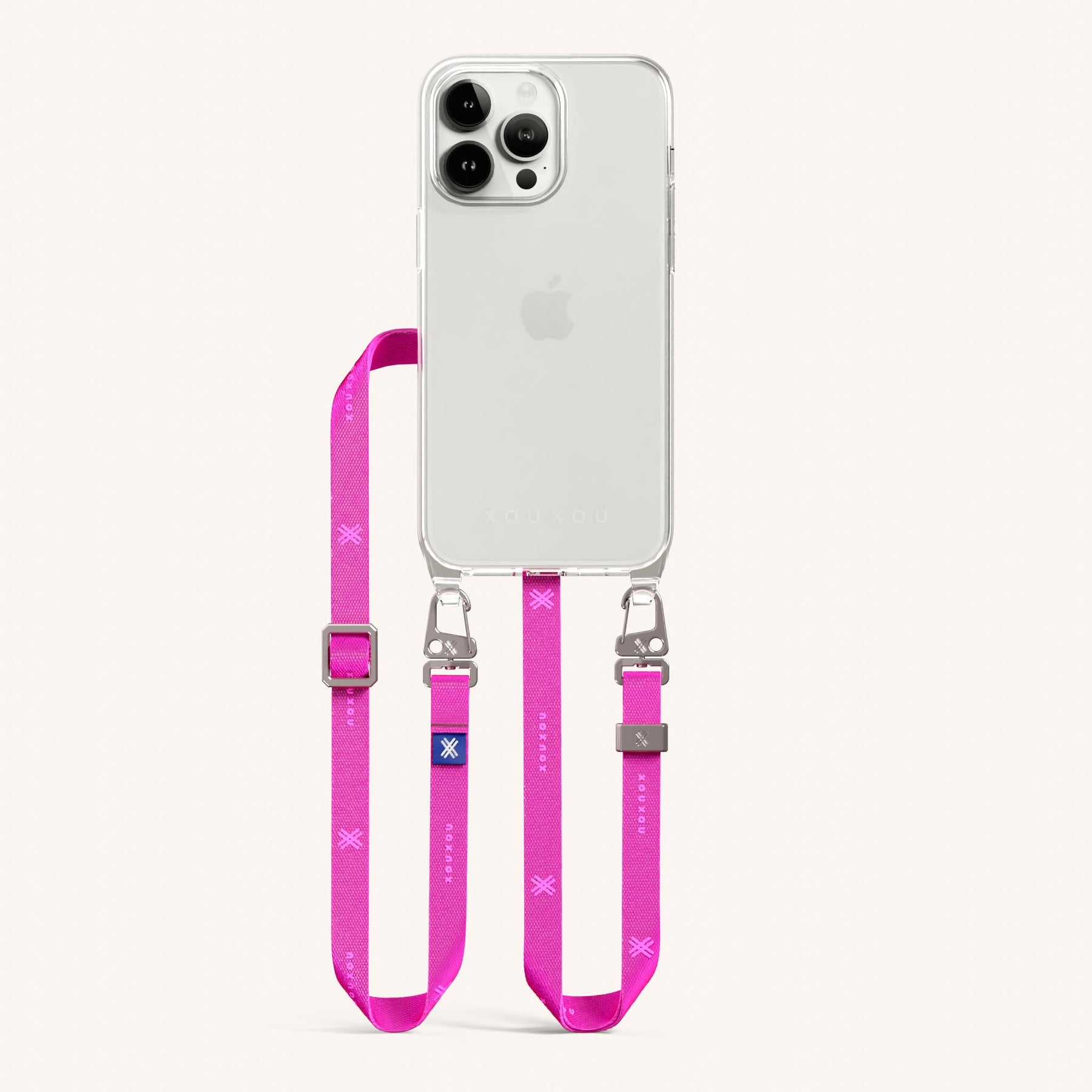 Phone Necklace with Slim Lanyard in Clear + Neon Pink
