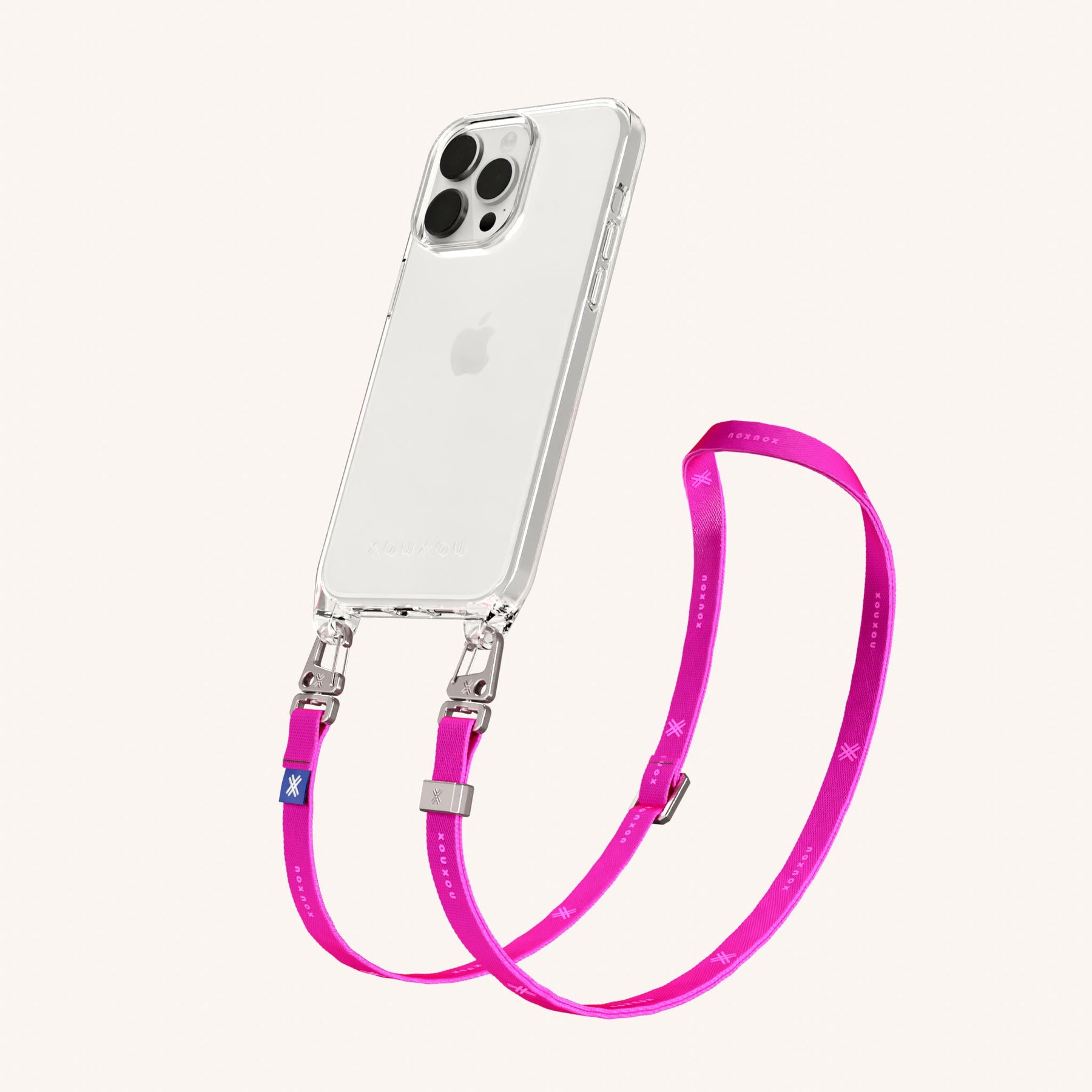 Phone Necklace with Slim Lanyard in Clear + Neon Pink