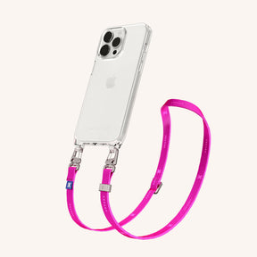 Phone Necklace with Slim Lanyard in Clear + Neon Pink