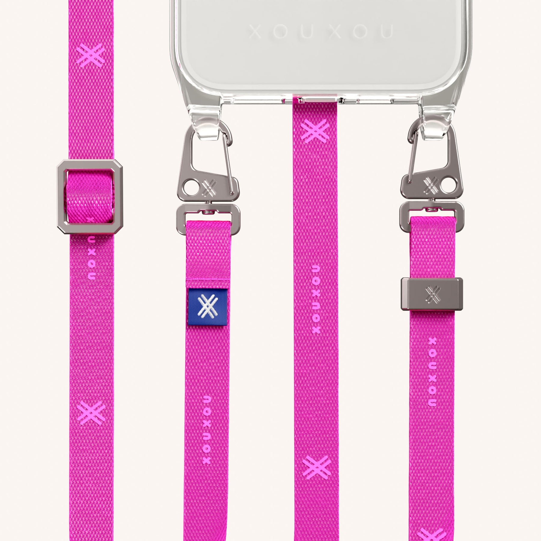 Phone Necklace with Slim Lanyard in Clear + Neon Pink