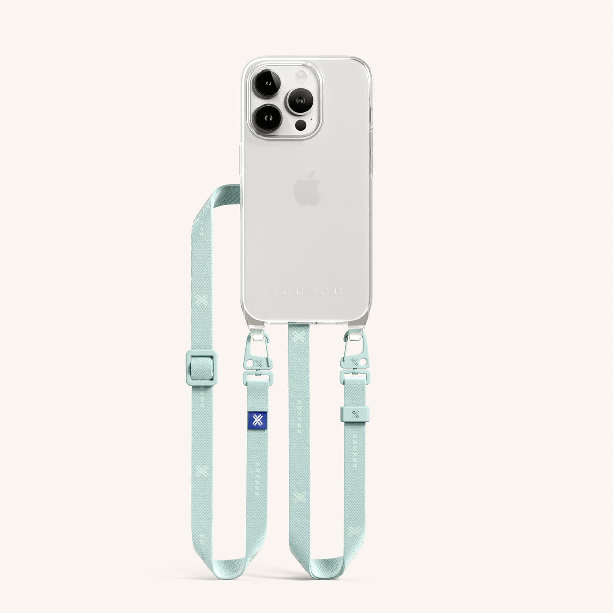 Phone Necklace with Slim Lanyard for iPhone 15 Pro without MagSafe in Clear + Azzurro | XOUXOU #phone model_iphone 15 pro max