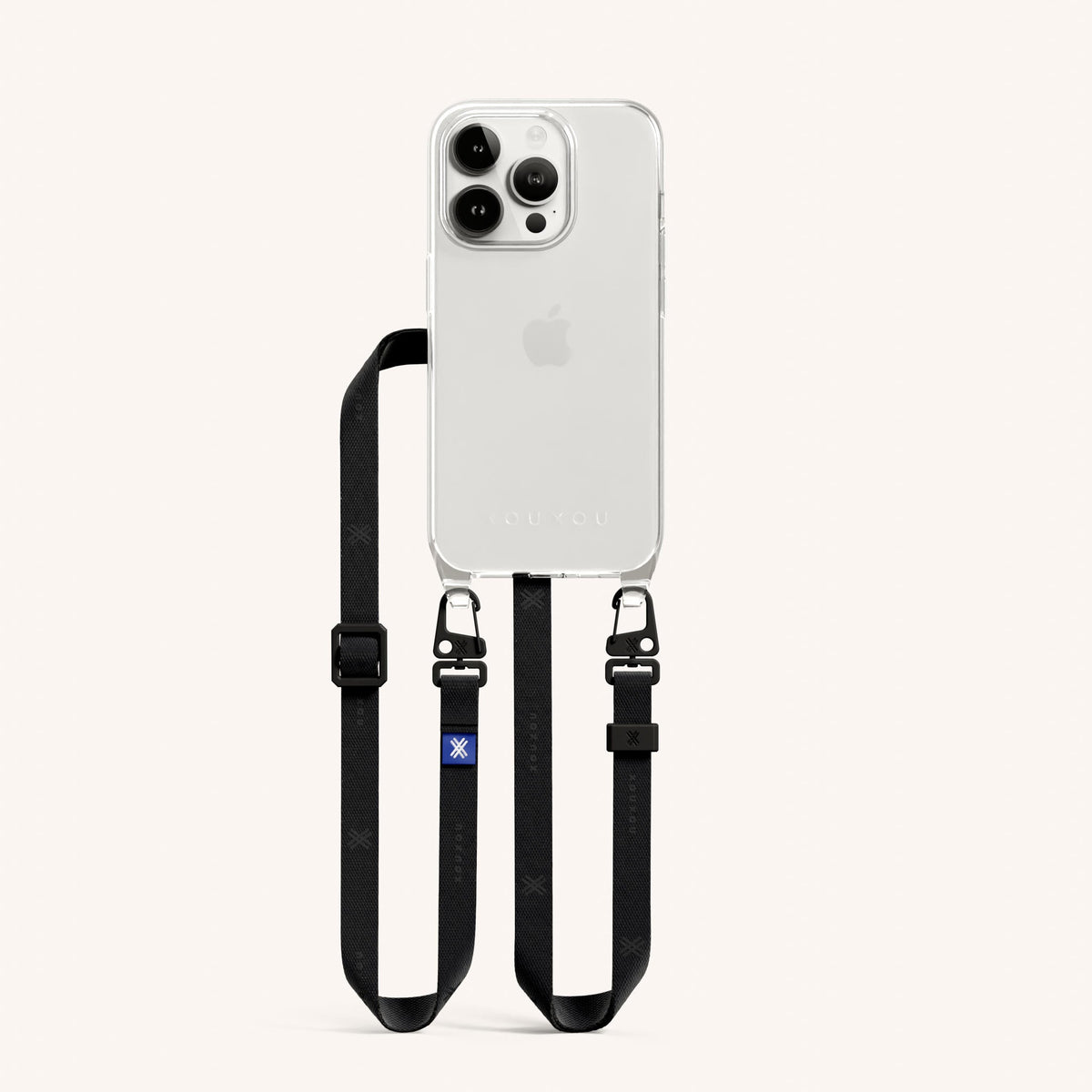 Clear Phone Necklace with Slim Lanyard for iPhone 15 Pro without MagSafe in Clear + Black Total View | XOUXOU #phone model_iphone 15 pro