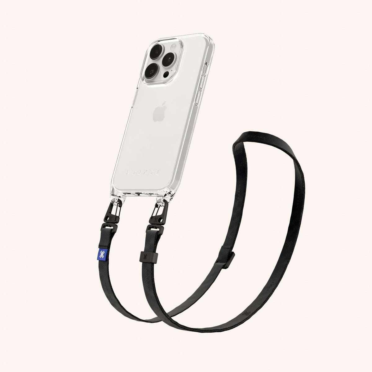 Clear Phone Necklace with Slim Lanyard for iPhone 15 Pro without MagSafe in Clear + Black Perspective View | XOUXOU #phone model_iphone 15 pro