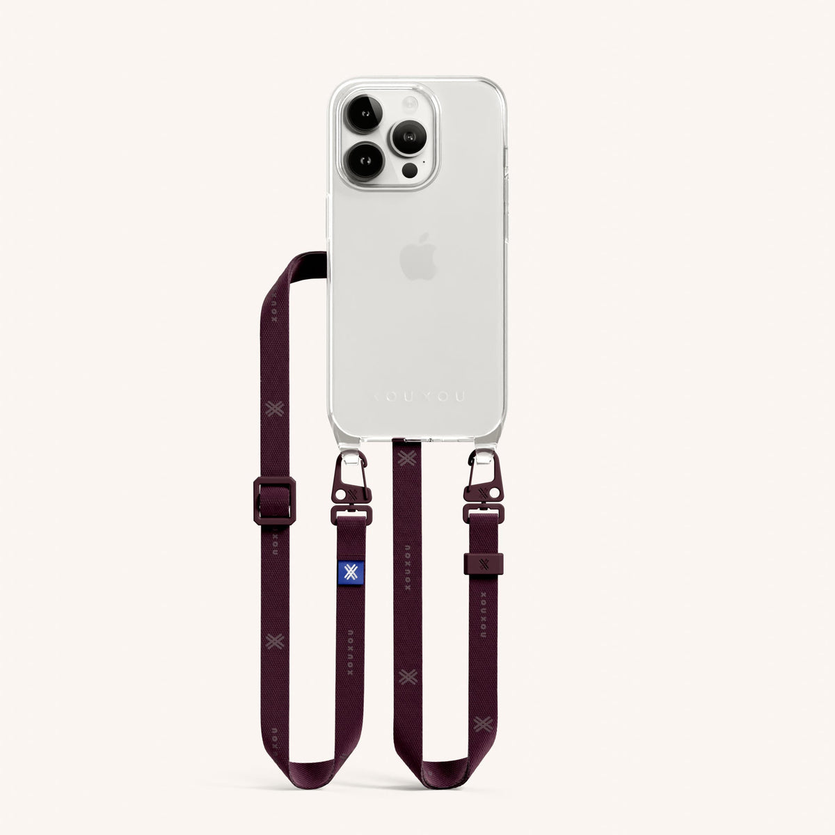Clear Phone Necklace with Slim Lanyard for iPhone 15 Pro without MagSafe in Clear + Burgundy Total View | XOUXOU #phone model_iphone 15 pro