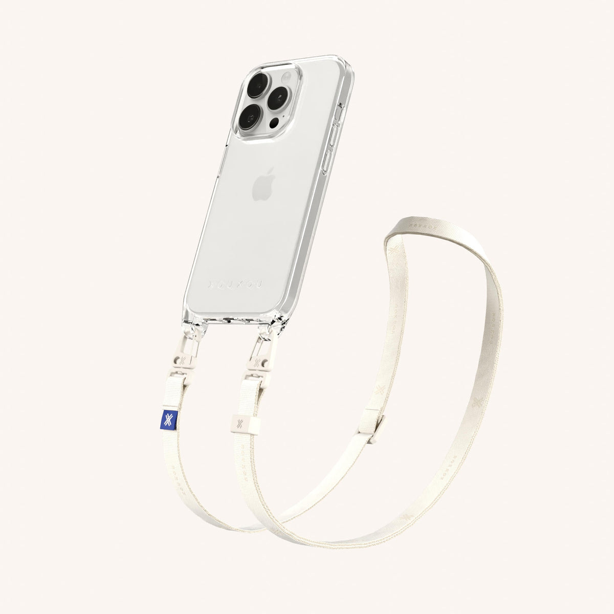 Clear Phone Necklace with Slim Lanyard for iPhone 15 Pro without MagSafe in Clear + Chalk Perspective View | XOUXOU #phone model_iphone 15 pro