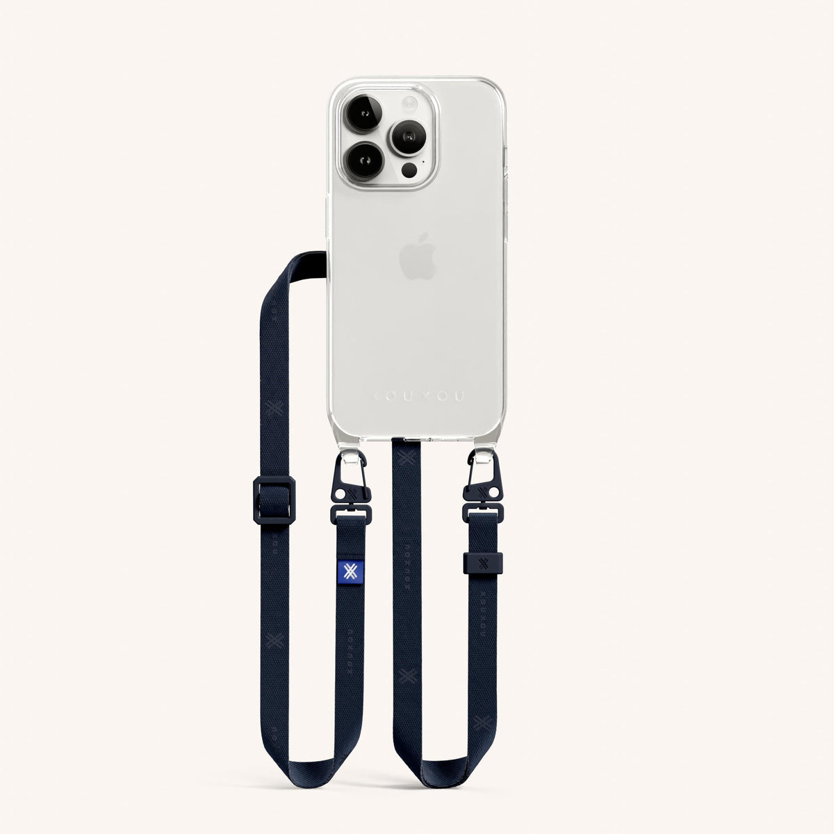 Clear Phone Necklace with Slim Lanyard for iPhone 15 Pro without MagSafe in Clear + Midnight Total View | XOUXOU #phone model_iphone 15 pro
