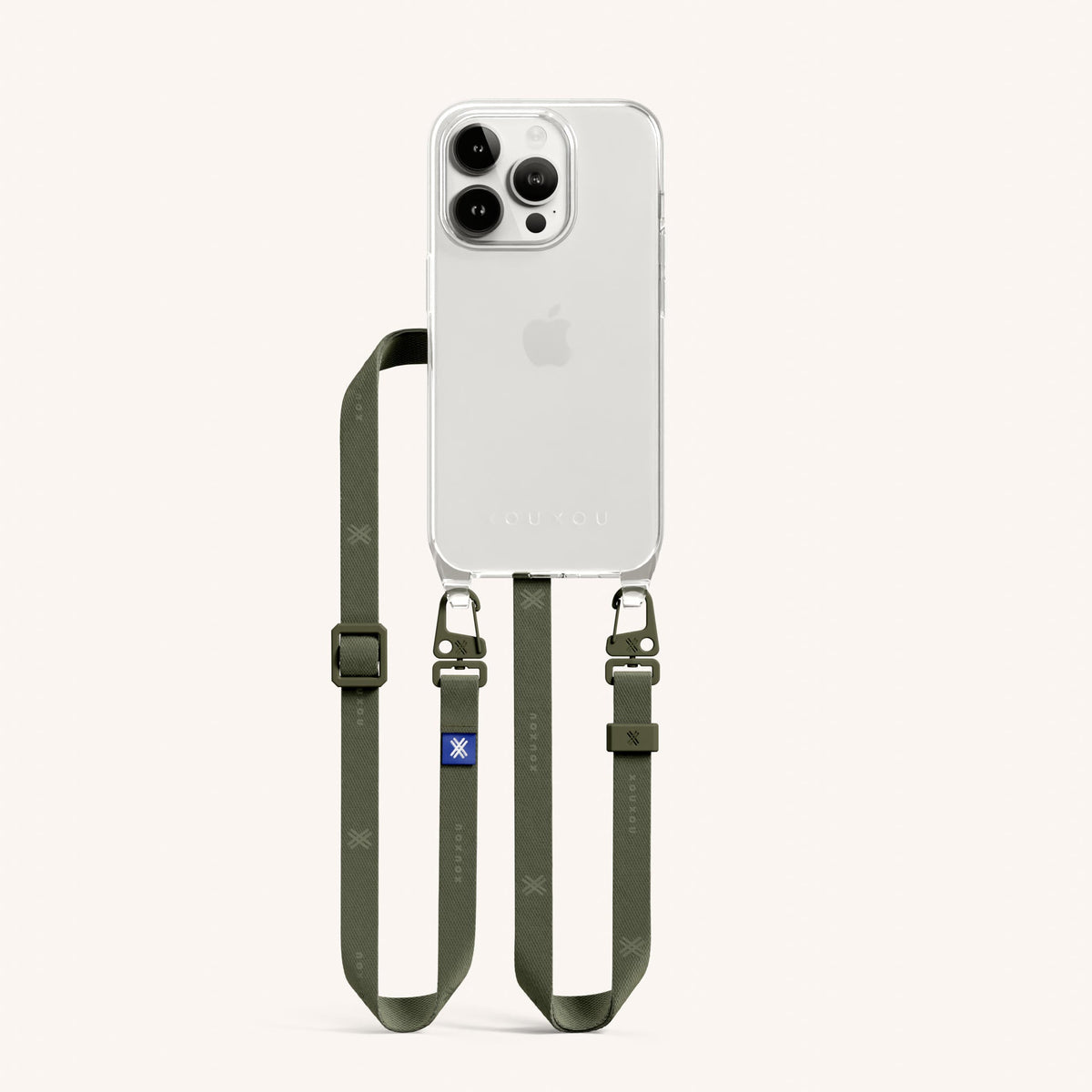 Clear Phone Necklace with Slim Lanyard for iPhone 15 Pro without MagSafe in Clear + Moss Total View | XOUXOU #phone model_iphone 15 pro