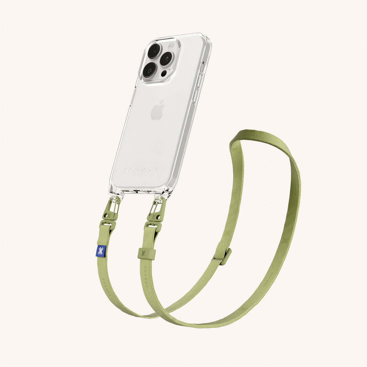 Clear Phone Necklace with Slim Lanyard for iPhone 15 Pro without MagSafe in Clear + Pistachio Perspective View | XOUXOU #phone model_iphone 15 pro