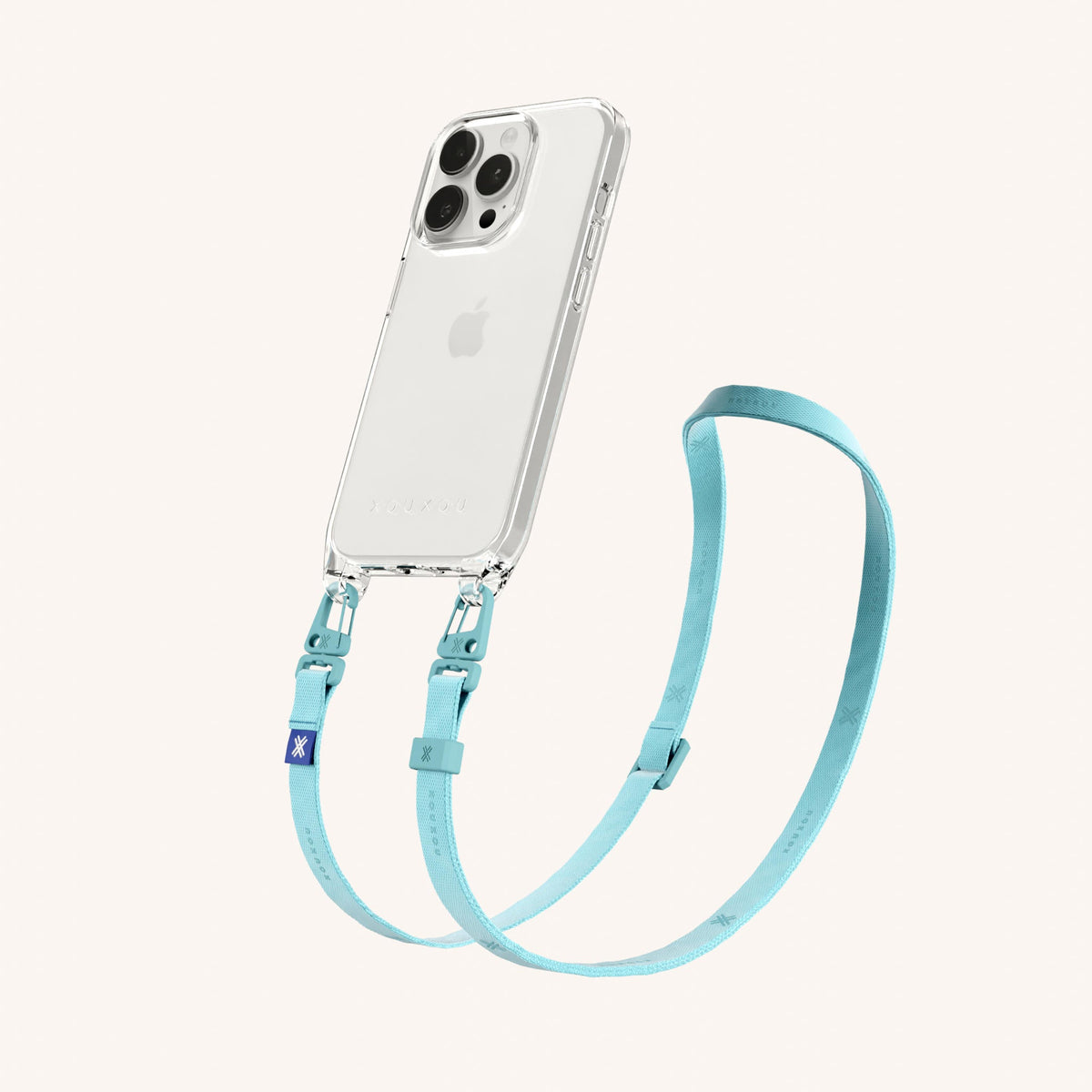 Clear Phone Necklace with Slim Lanyard for iPhone 15 Pro without MagSafe in Clear + Pool Perspective View | XOUXOU #phone model_iphone 15 pro