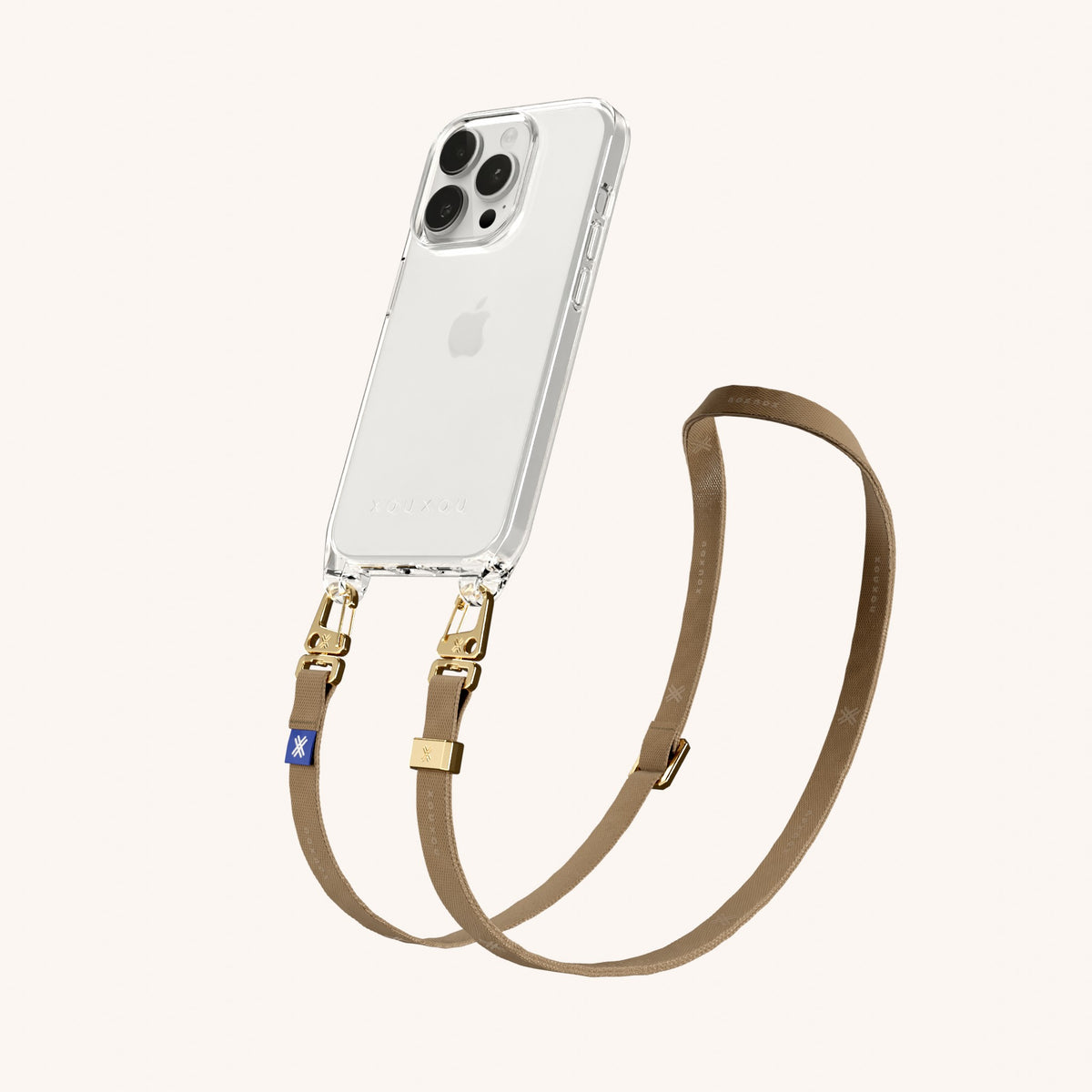 Clear Phone Necklace with Slim Lanyard for iPhone 15 Pro without MagSafe in Clear + Taupe Perspective View | XOUXOU #phone model_iphone 15 pro