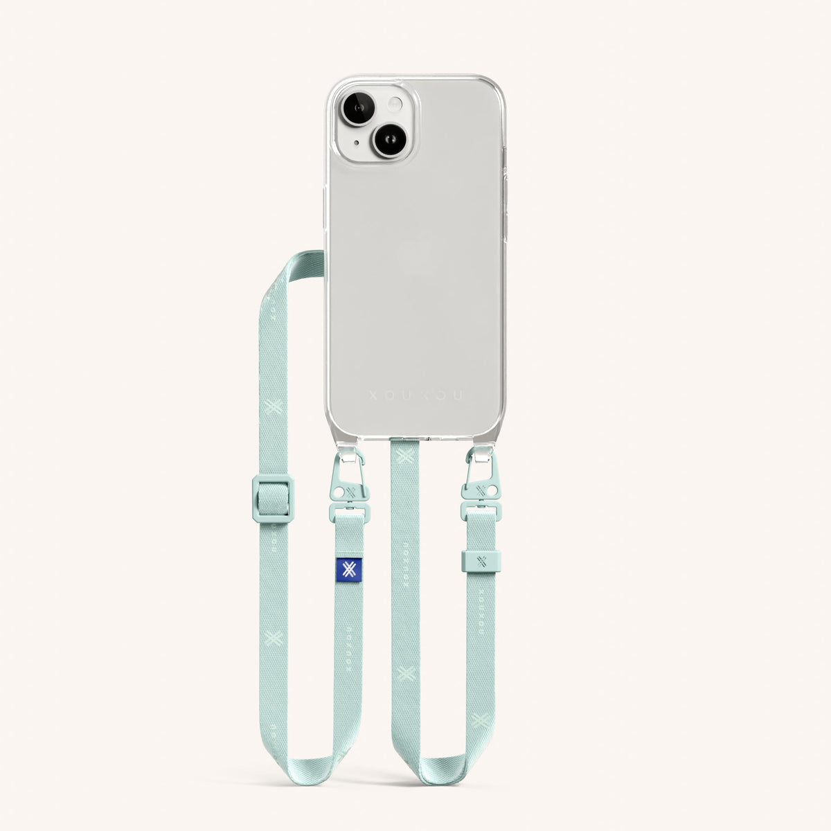 Phone Necklace with Slim Lanyard for iPhone 15 without MagSafe in Clear + Azzurro | XOUXOU #phone model_iphone 15