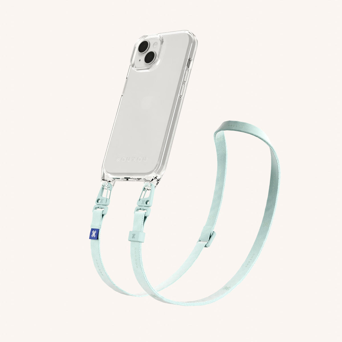 Phone Necklace with Slim Lanyard for iPhone 16 Plus without MagSafe in Clear + Azzurro | XOUXOU #phone model_iphone 16 plus