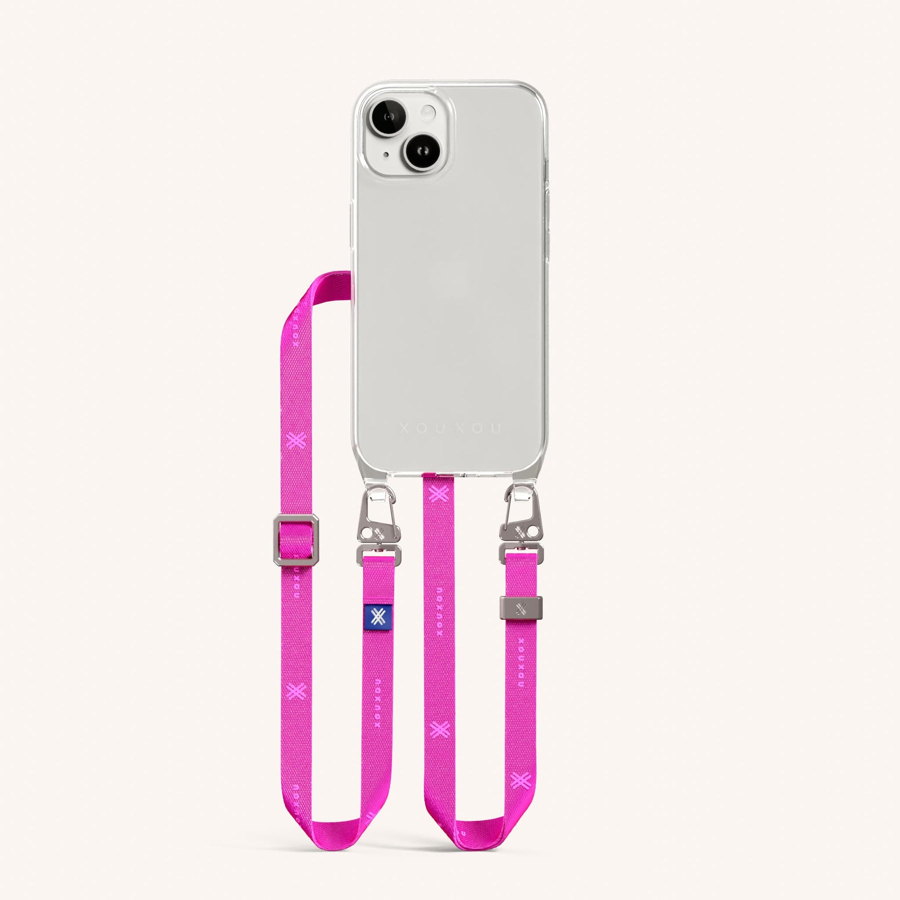 Phone Necklace with Slim Lanyard in Clear + Neon Pink
