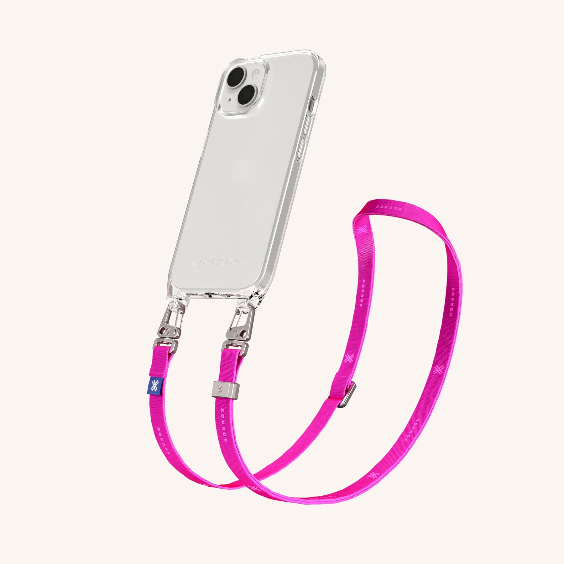 Phone Necklace with Slim Lanyard in Clear + Neon Pink