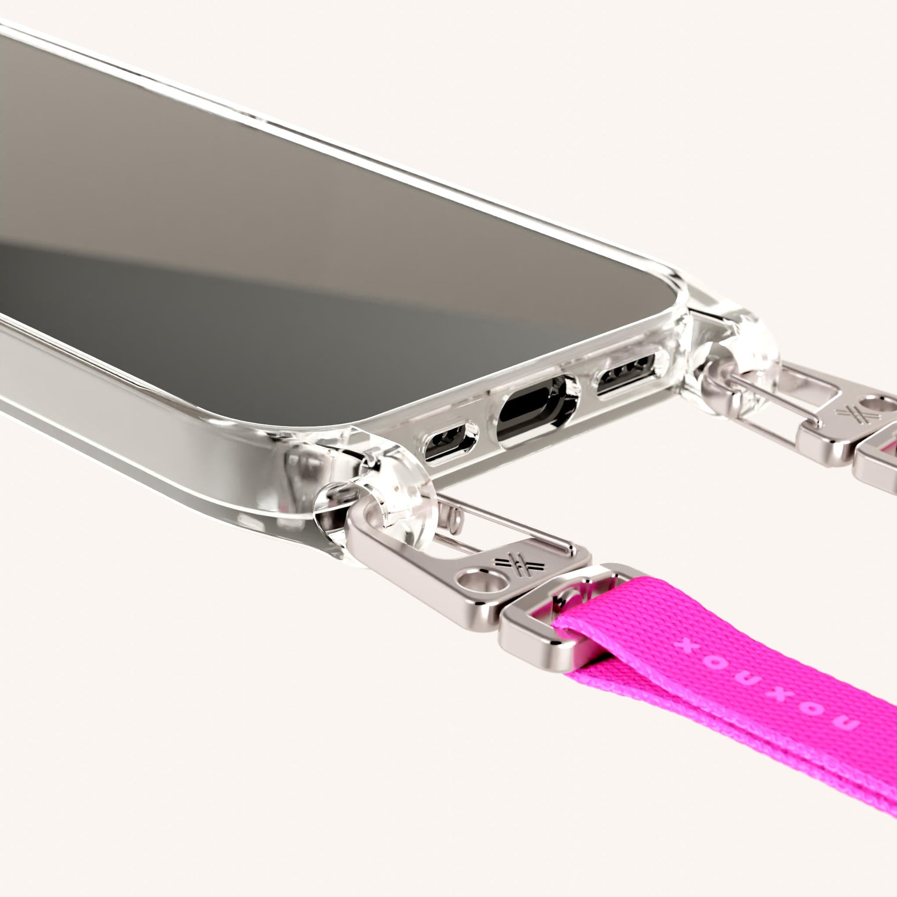 Phone Necklace with Slim Lanyard in Clear + Neon Pink