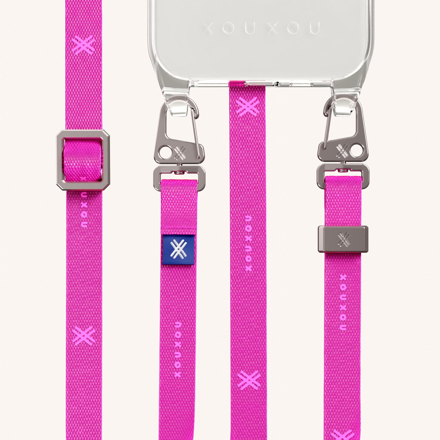 Phone Necklace with Slim Lanyard in Clear + Neon Pink