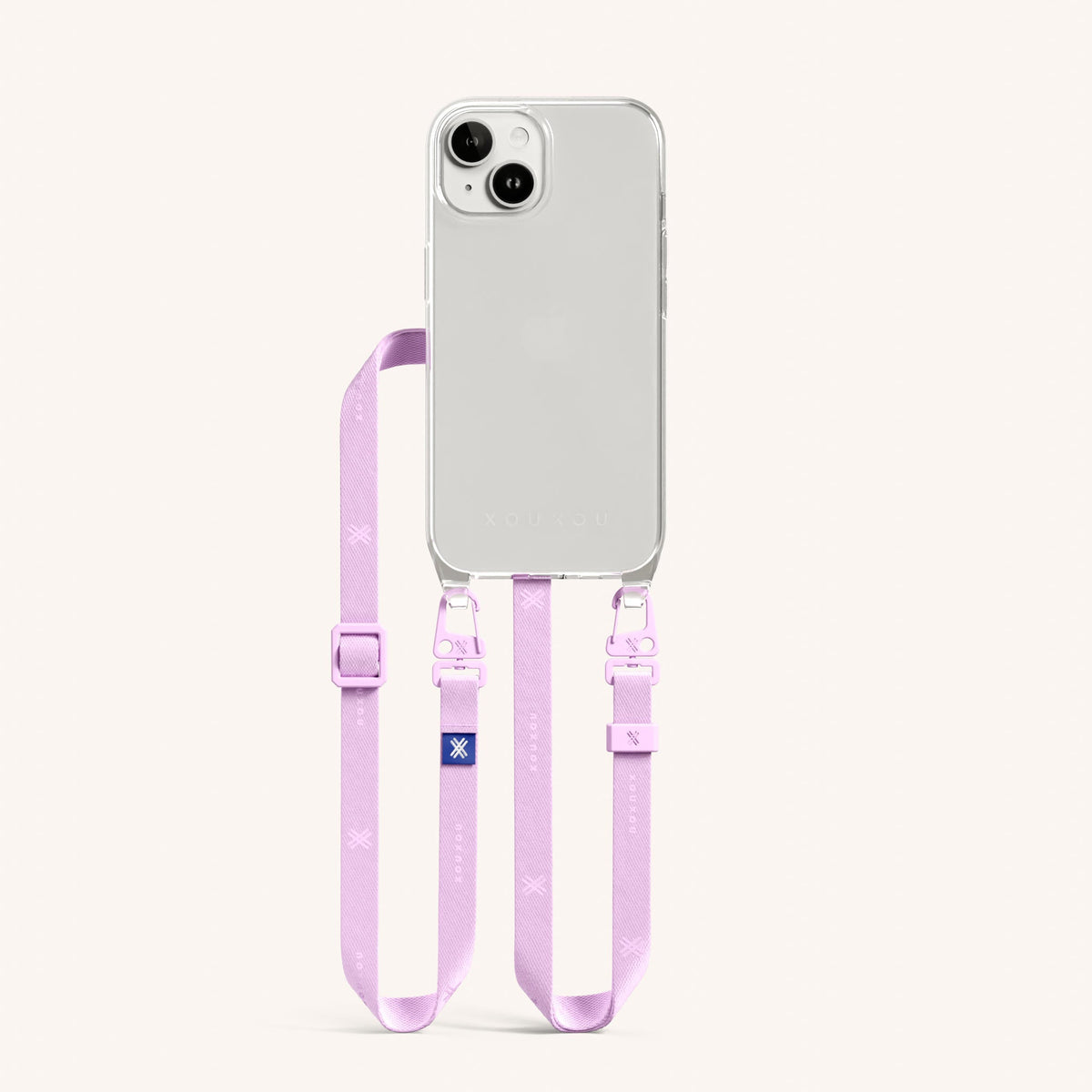 Phone Necklace with Slim Lanyard for iPhone 15 without MagSafe in Clear + Rosato | XOUXOU #phone model_iphone 15