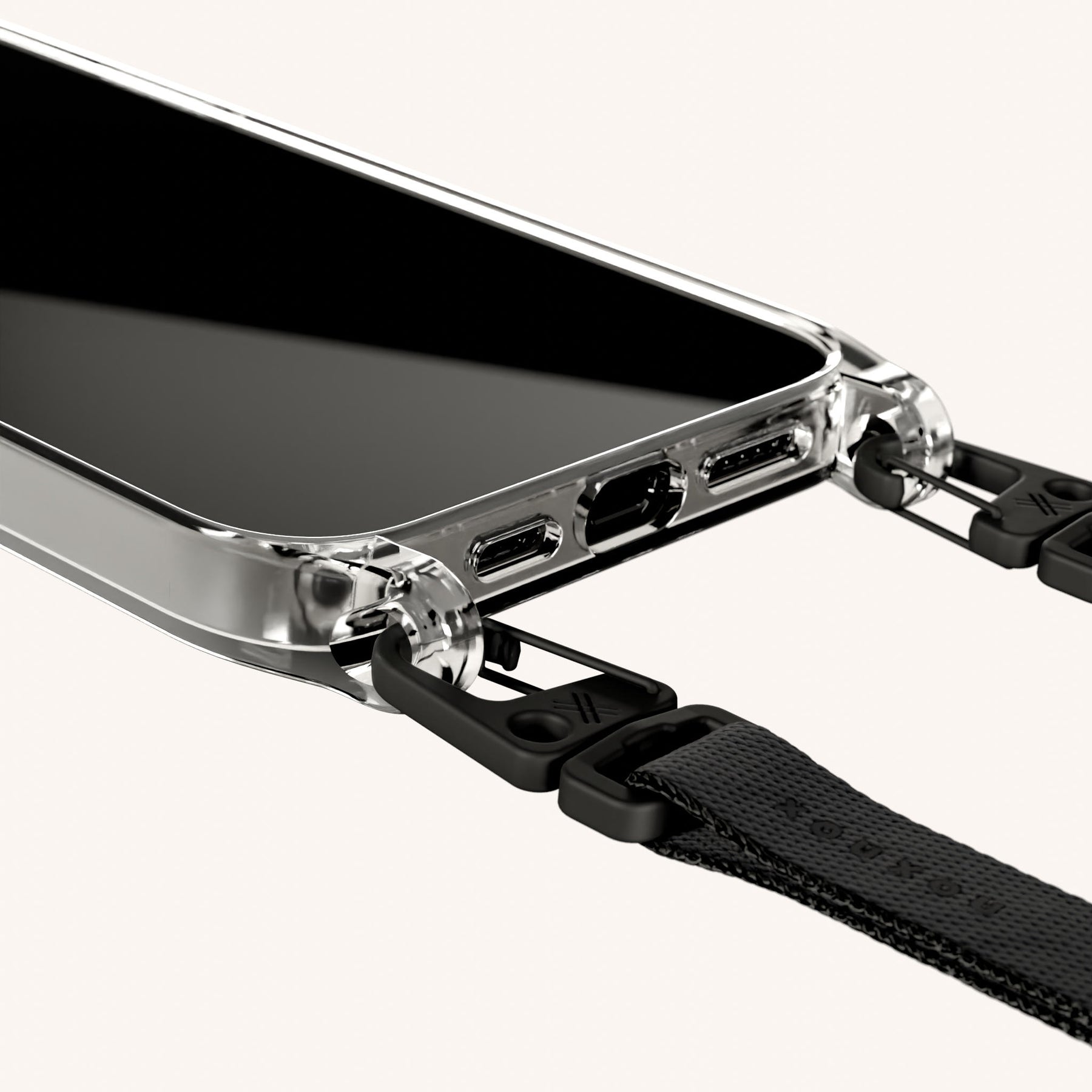 Phone Necklace with Slim Lanyard in Clear + Black