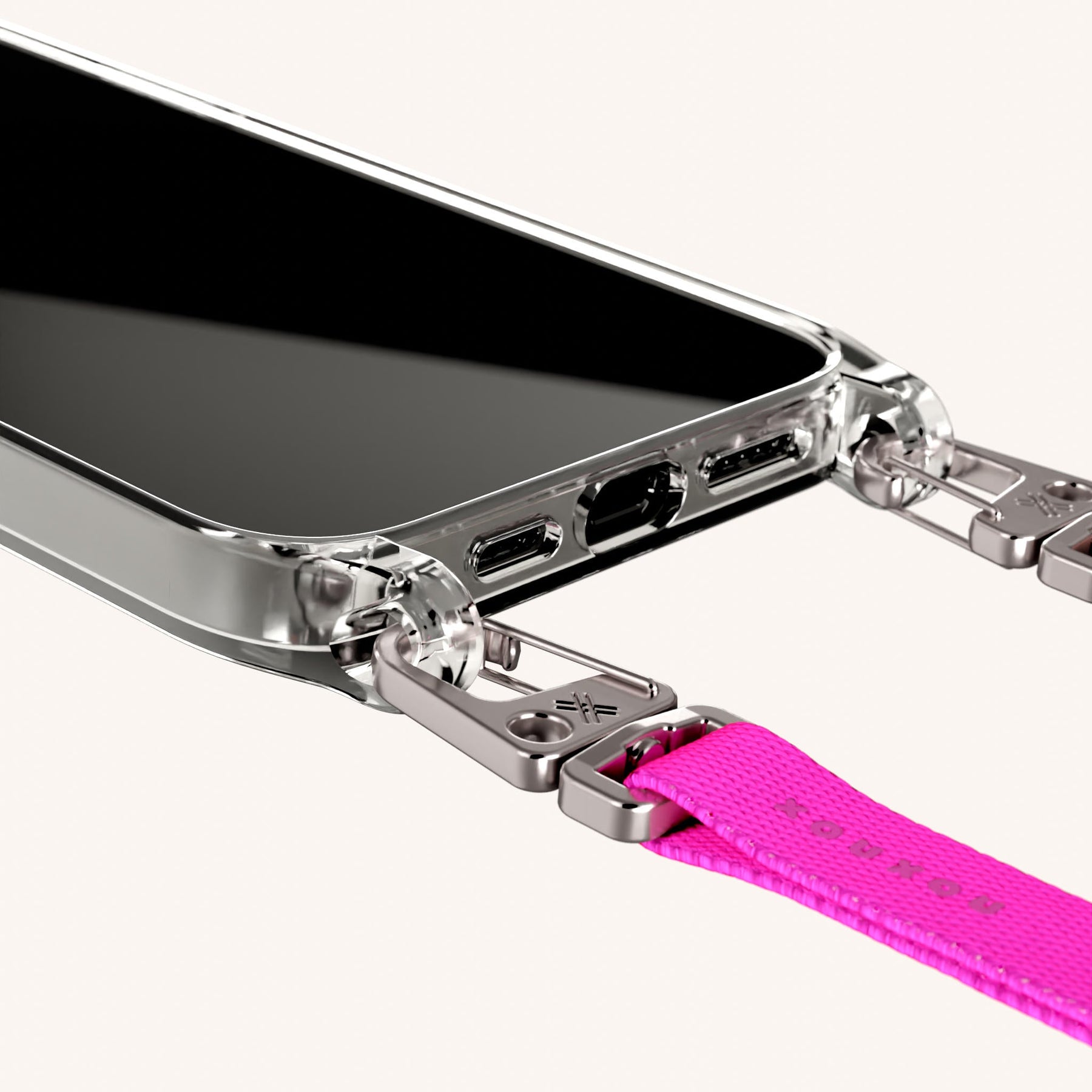 Phone Necklace with Slim Lanyard in Clear + Neon Pink