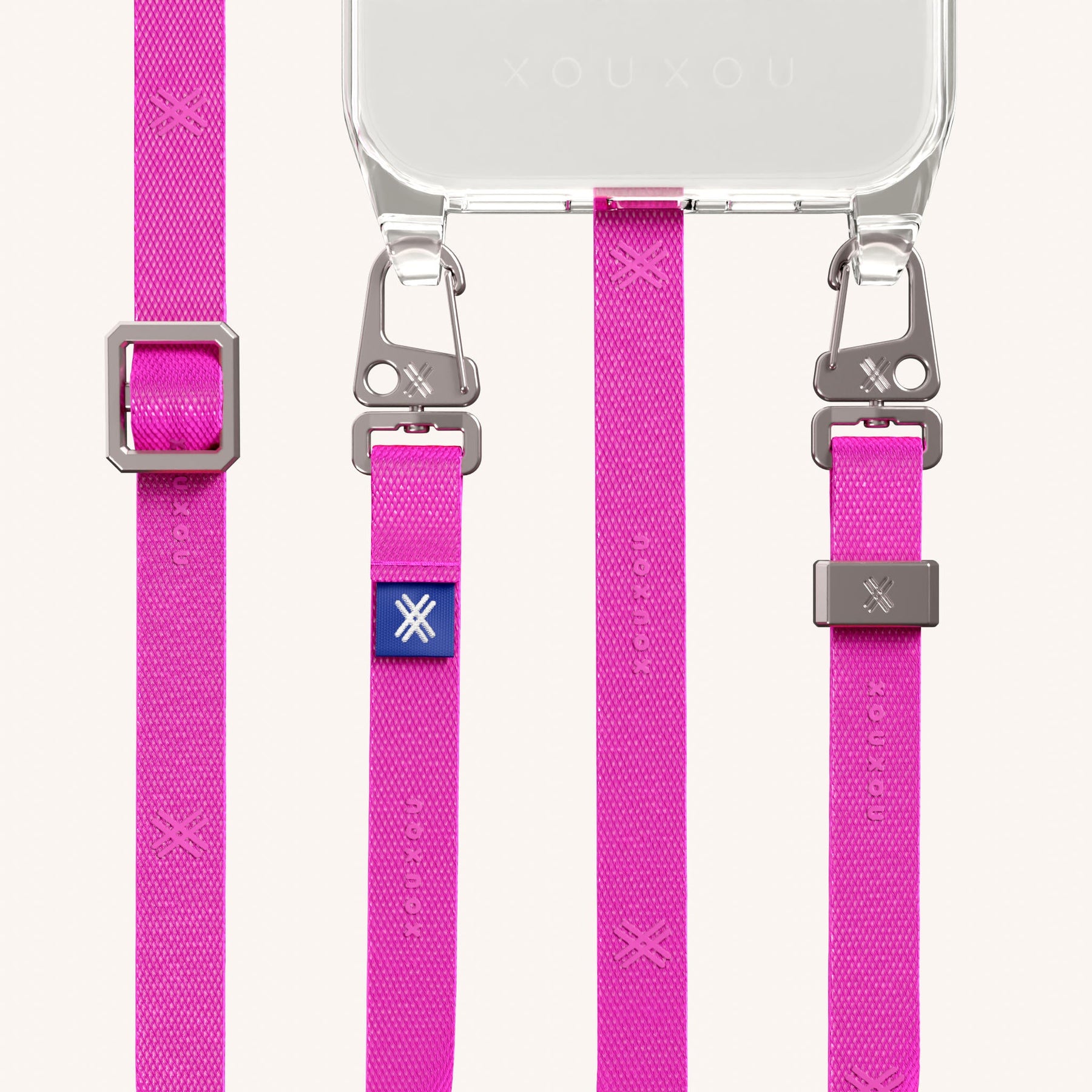 Phone Necklace with Slim Lanyard in Clear + Neon Pink