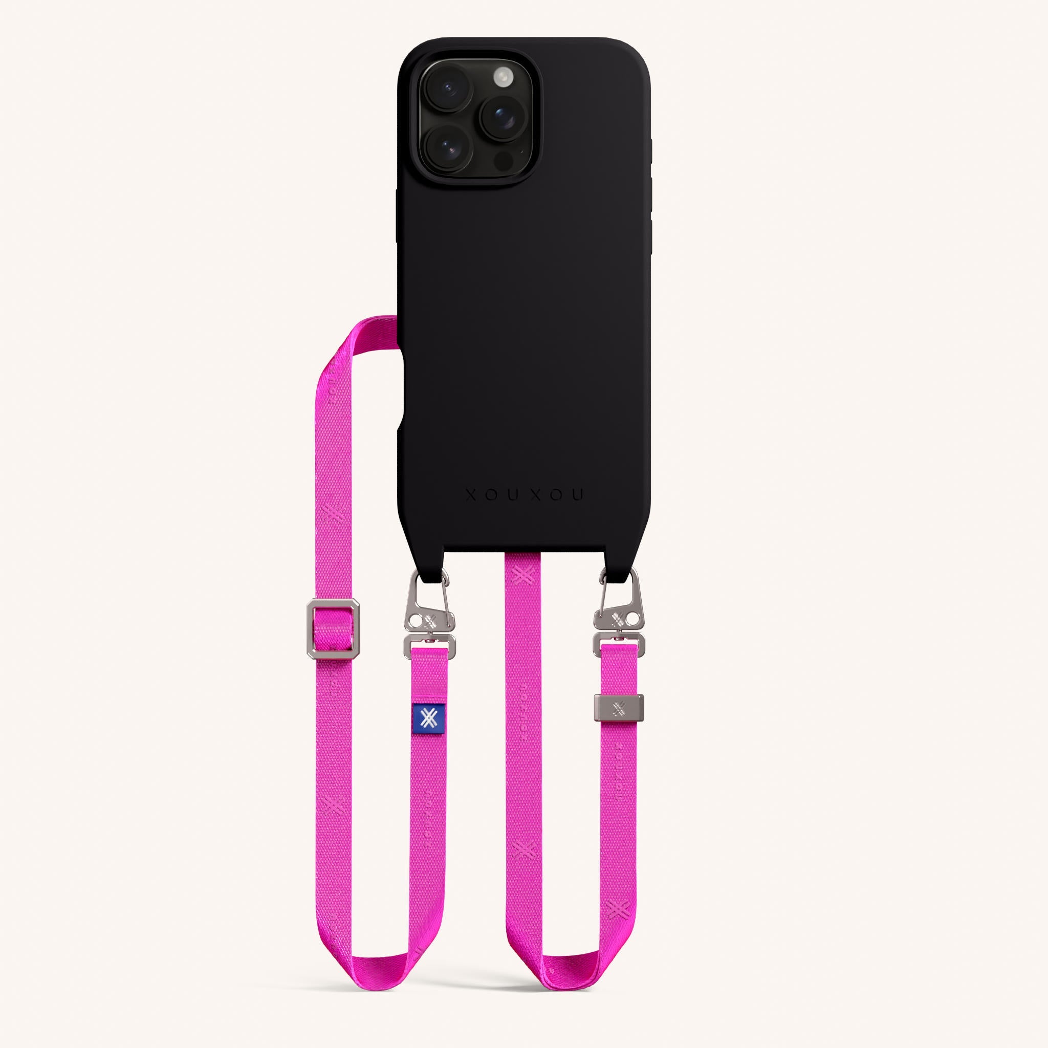 Phone Necklace with Slim Lanyard in Black + Neon Pink