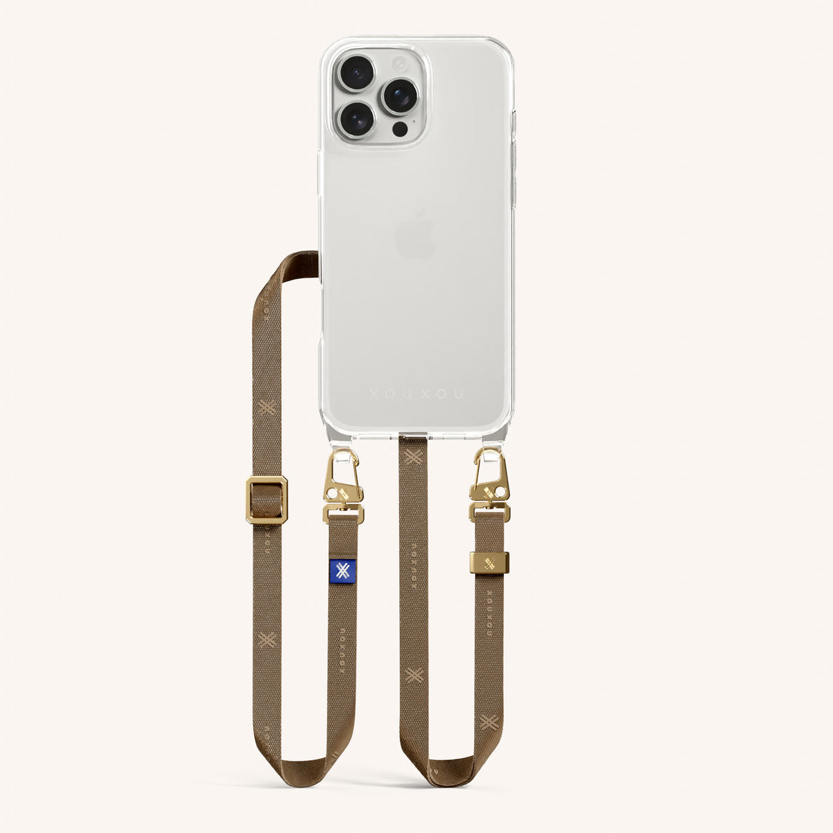 Phone Necklace with Slim Lanyard for iPhone 16 Pro without MagSafe in Clear and Taupe Total View | XOUXOU #phone model_iphone 16 pro