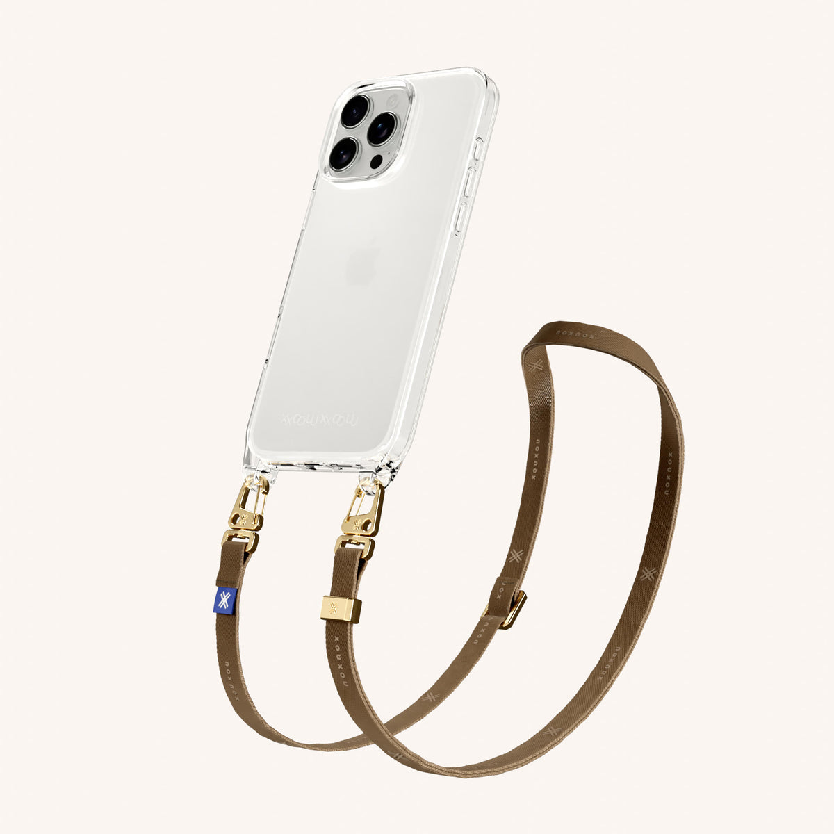 Phone Necklace with Slim Lanyard for iPhone 16 Pro without MagSafe in Clear + Taupe | XOUXOU #phone model_iphone 16 pro