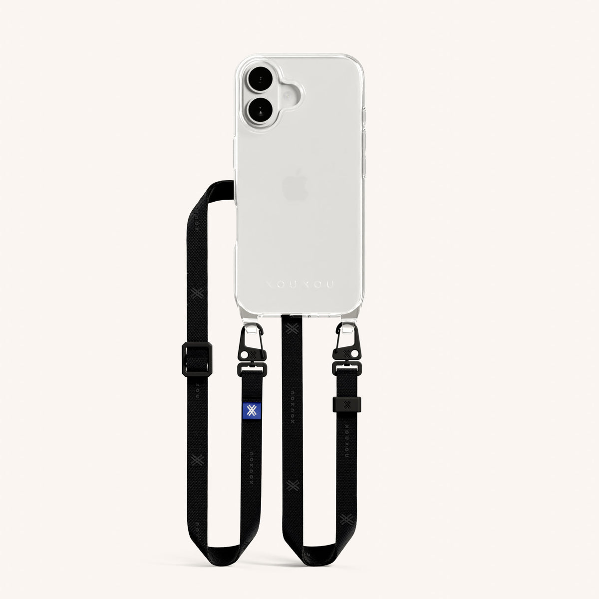 Phone Necklace with Slim Lanyard for iPhone 16 without MagSafe in Clear and Black Total View | XOUXOU #phone model_iphone 16