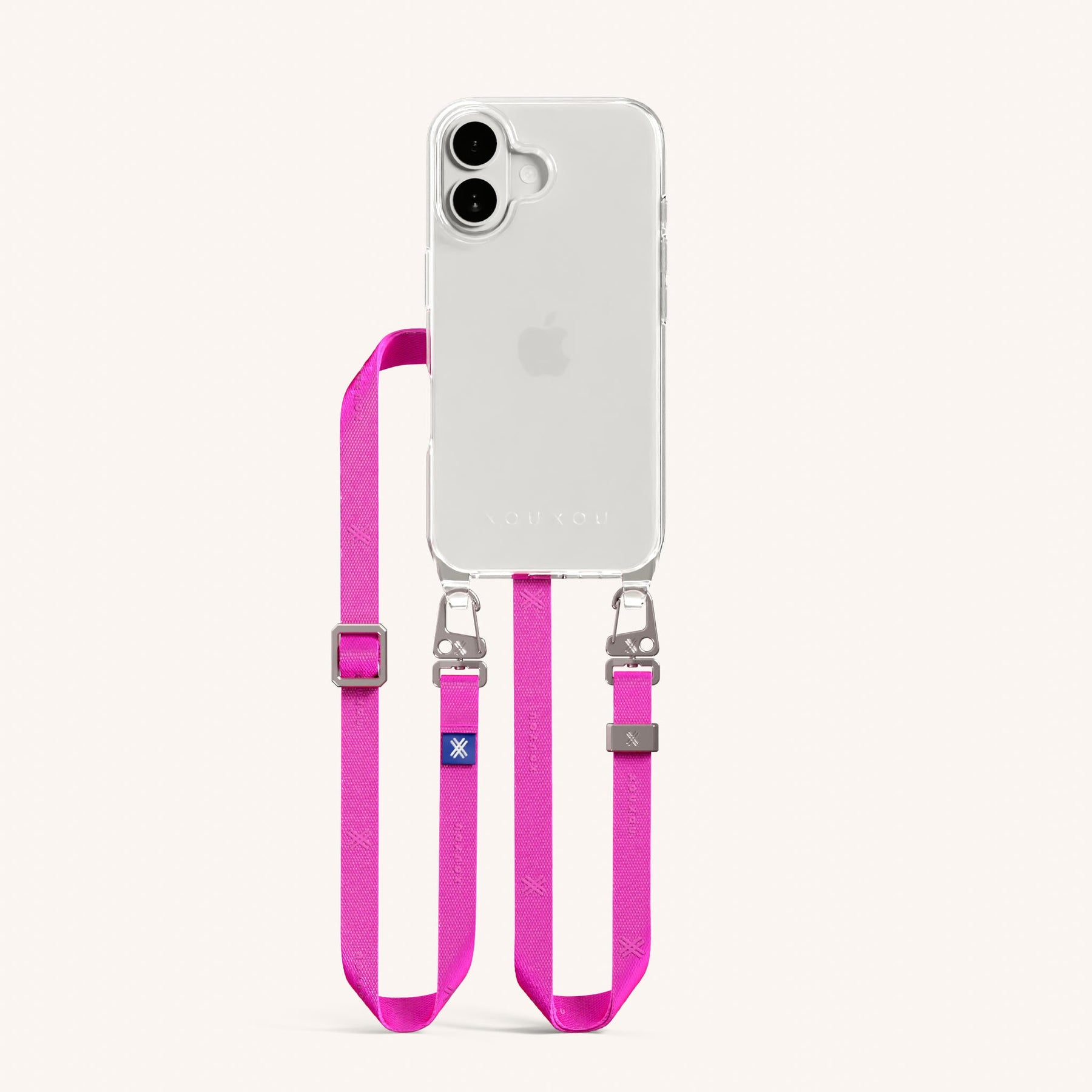 Phone Necklace with Slim Lanyard in Clear + Neon Pink