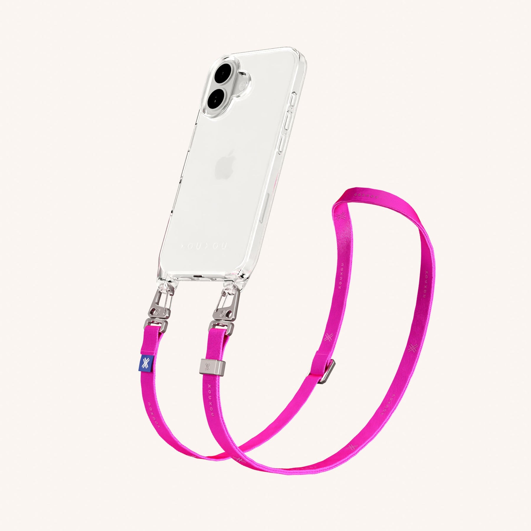 Phone Necklace with Slim Lanyard in Clear + Neon Pink