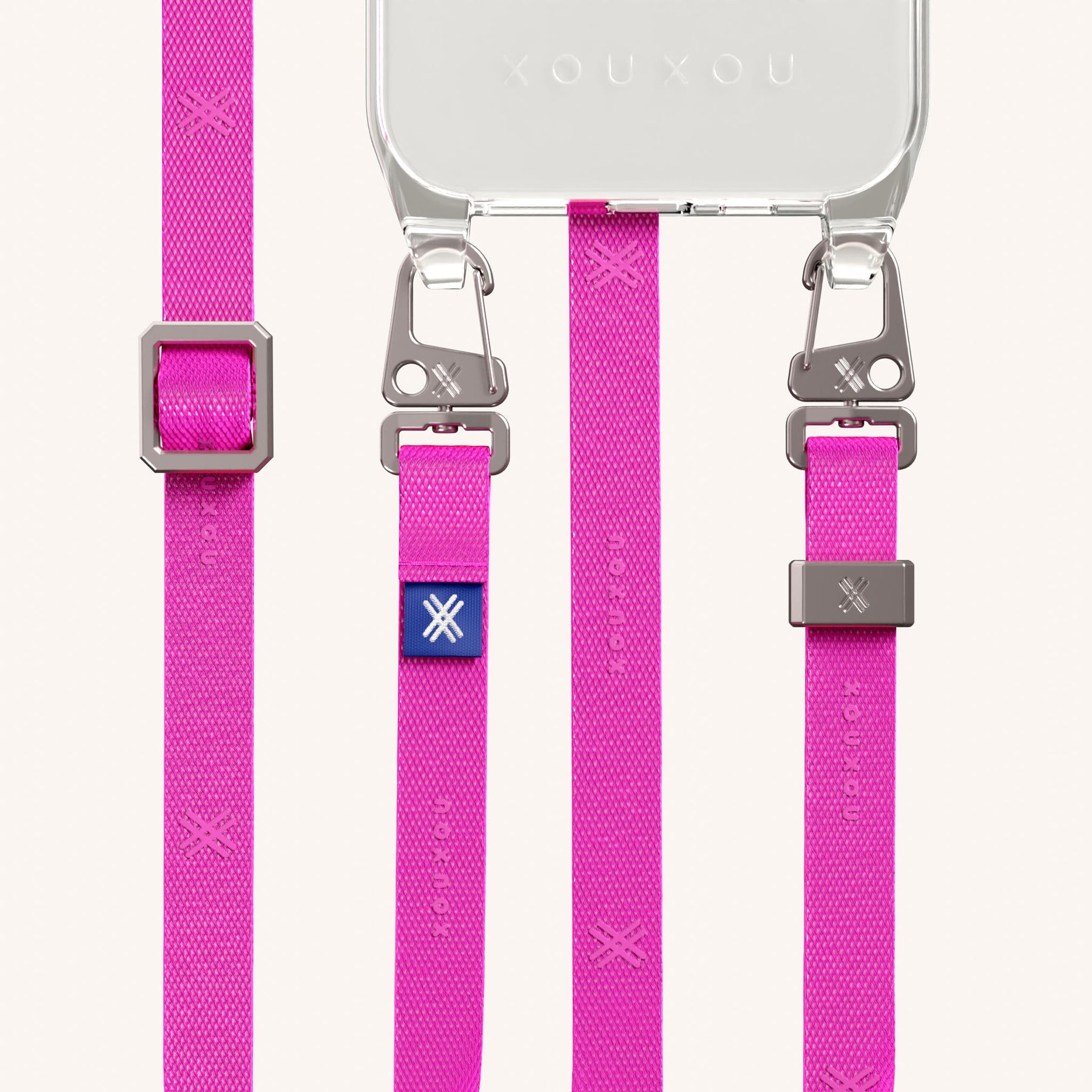 Phone Necklace with Slim Lanyard in Clear + Neon Pink