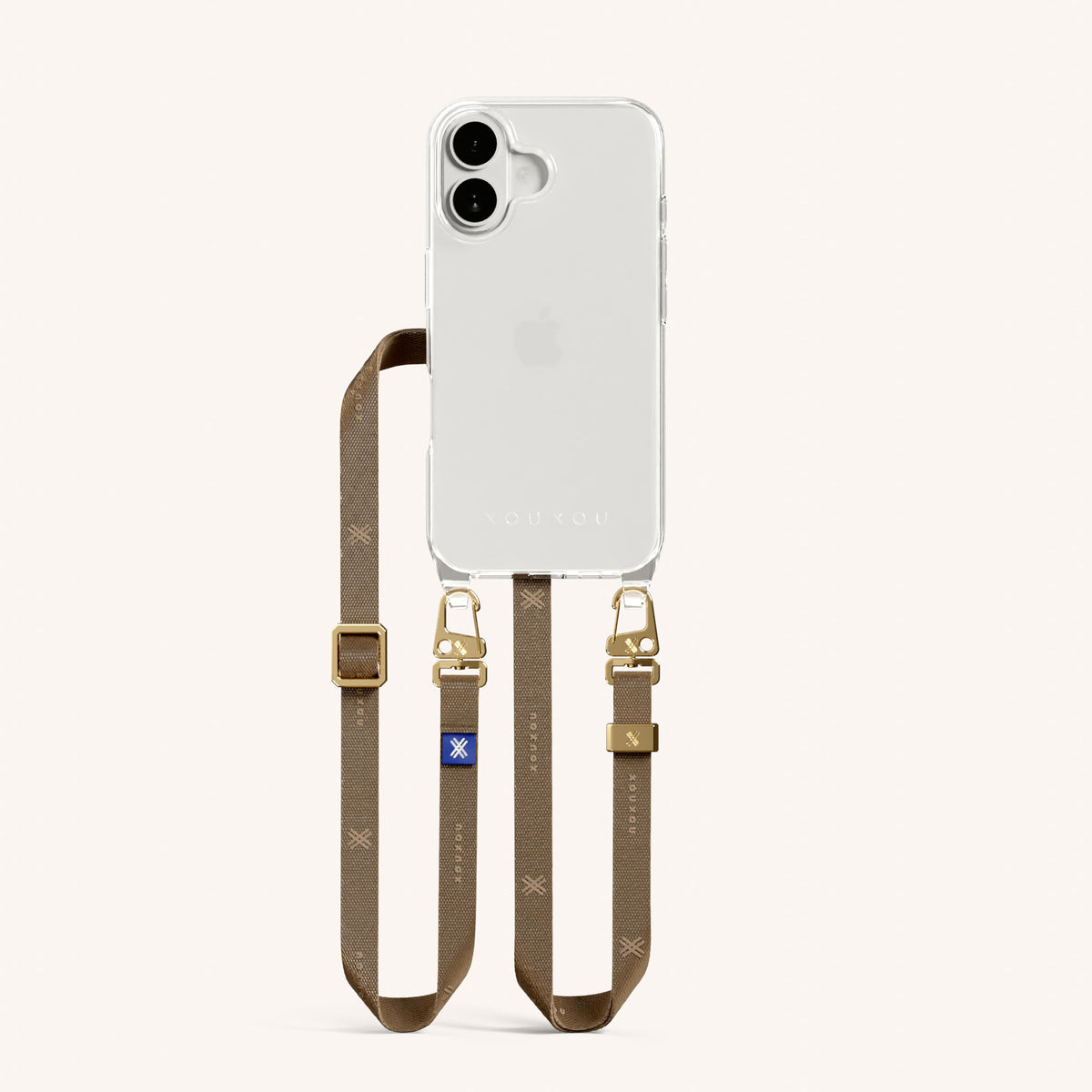 Phone Necklace with Slim Lanyard for iPhone 16 without MagSafe in Clear and Taupe Total View | XOUXOU #phone model_iphone 16