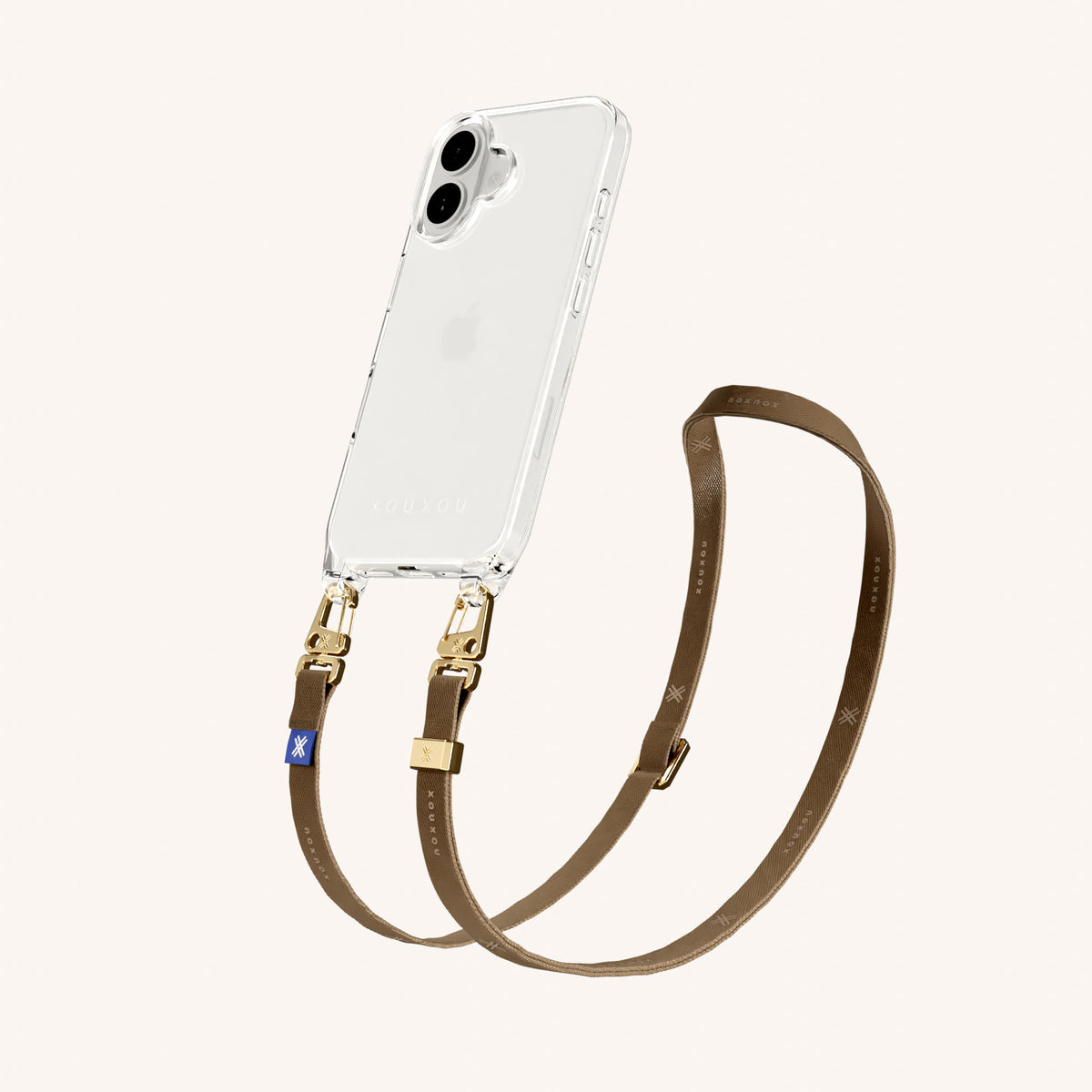 Phone Necklace with Slim Lanyard for iPhone 16 without MagSafe in Clear + Taupe | XOUXOU #phone model_iphone 16