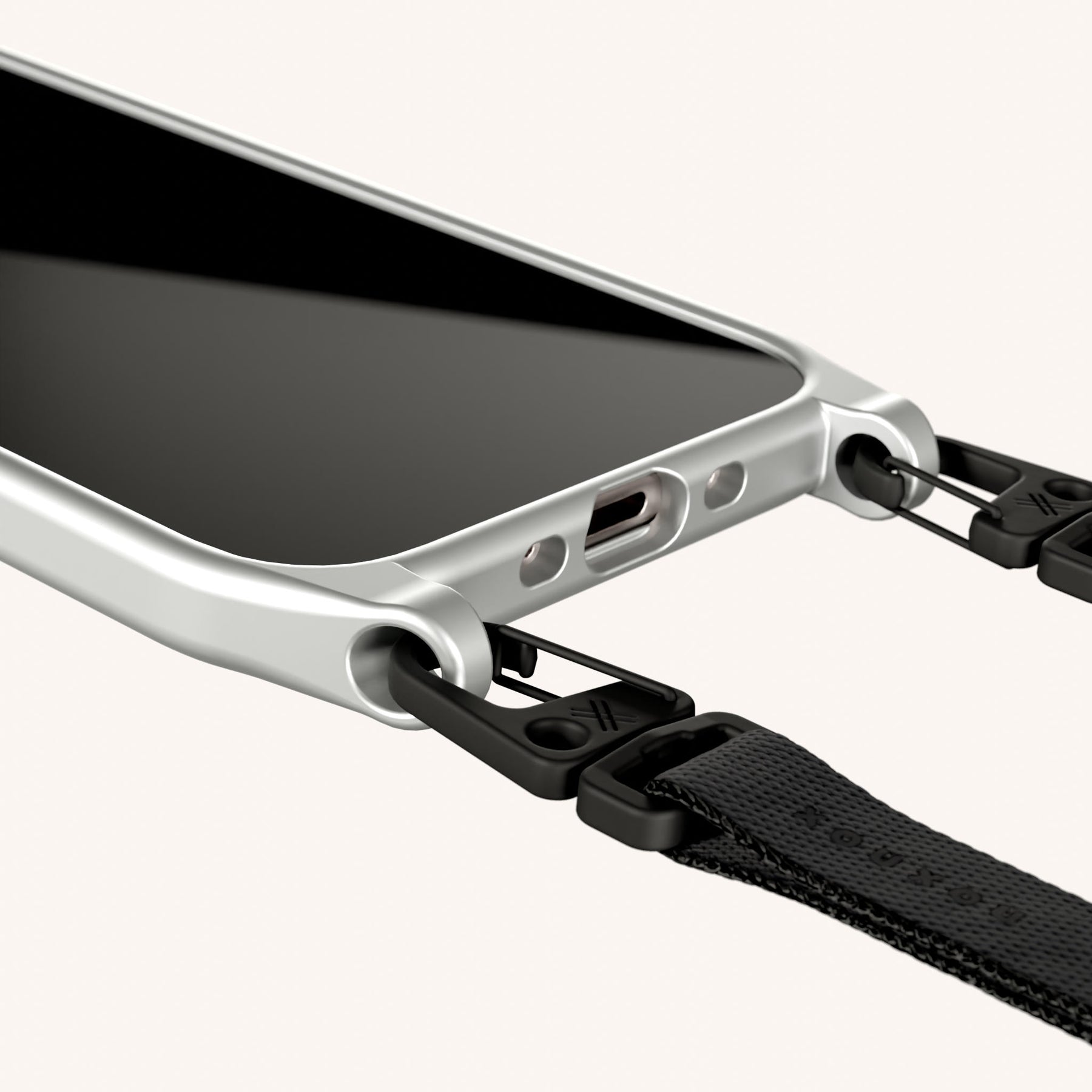 Phone Necklace with Slim Lanyard in Y2K Silver + Black