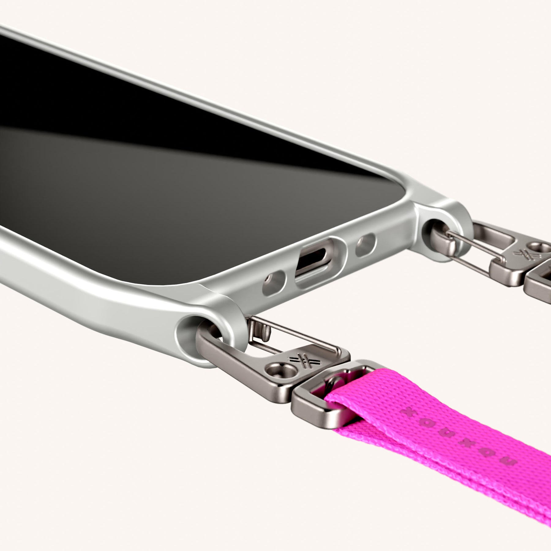 Phone Necklace with Slim Lanyard in Y2K Silver + Neon Pink