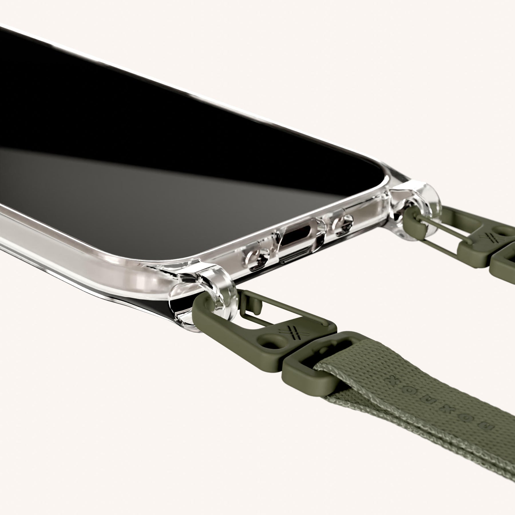 Phone Necklace with Slim Lanyard in Clear + Moss