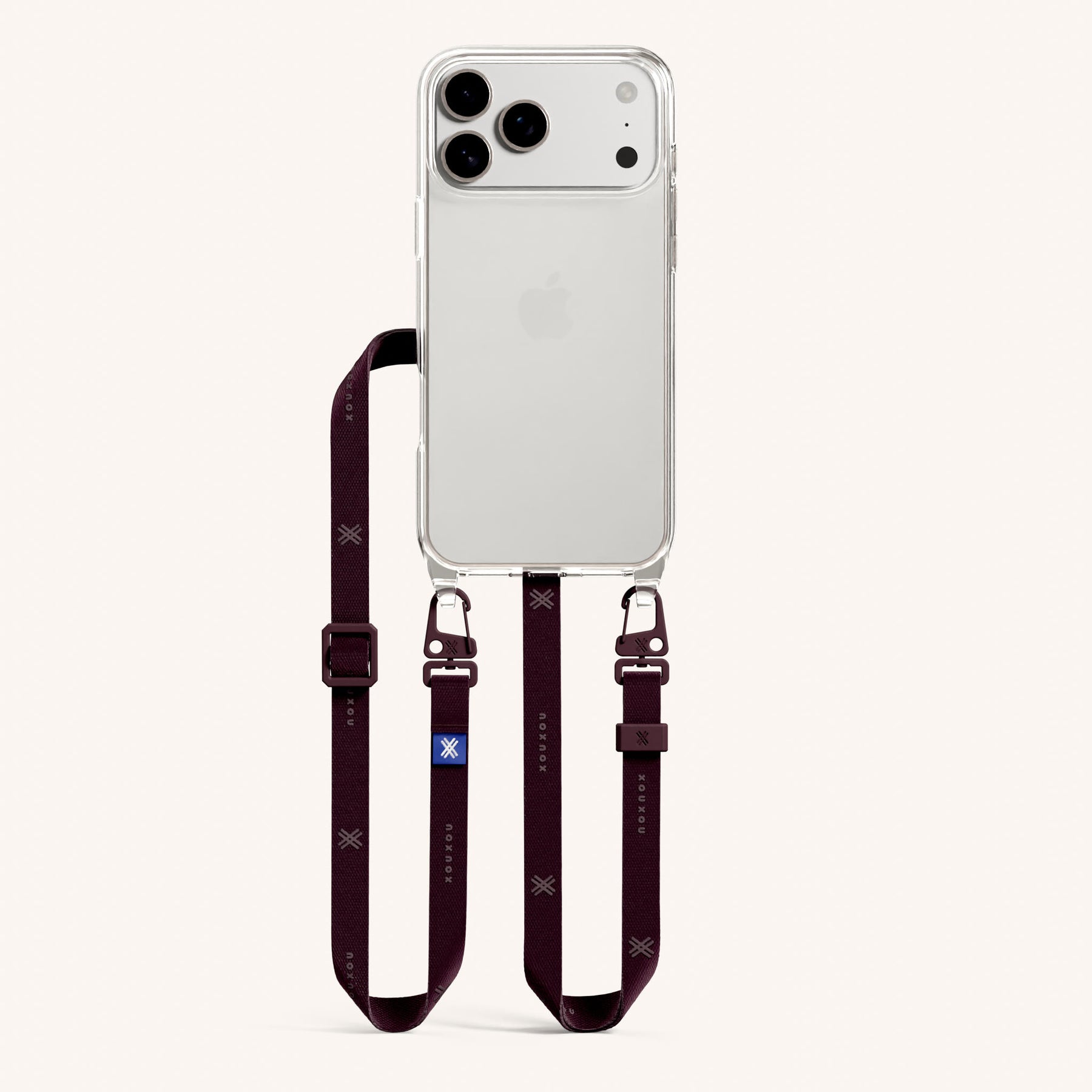 Phone Necklace with Slim Lanyard in Clear + Burgundy
