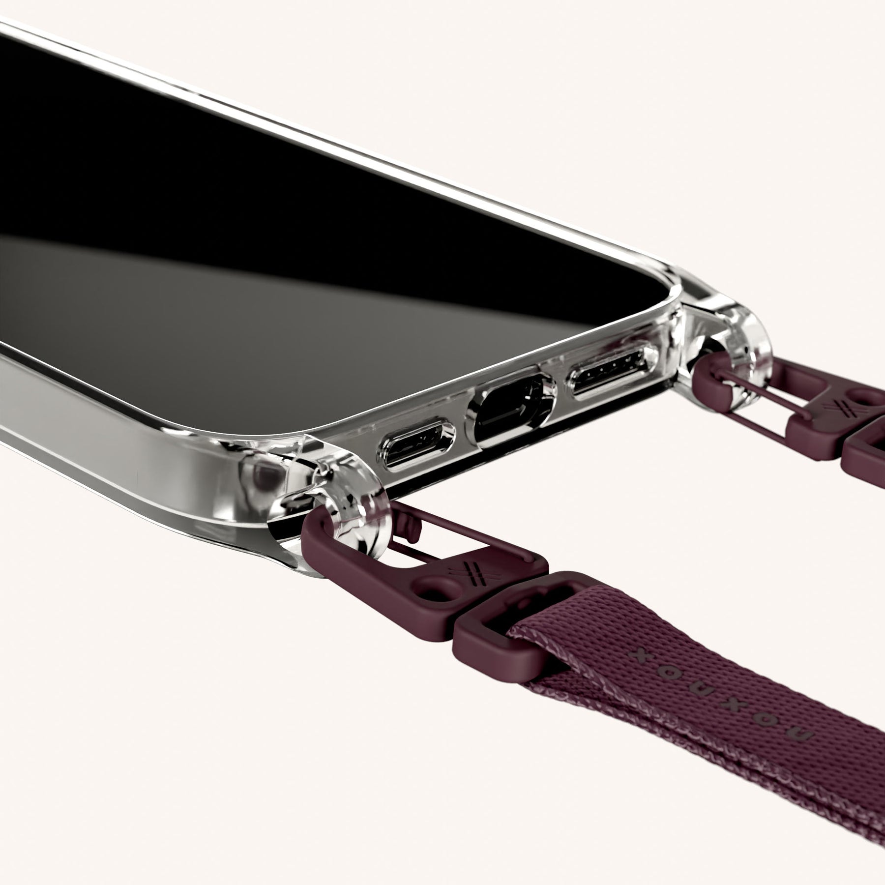 Phone Necklace with Slim Lanyard in Clear + Burgundy