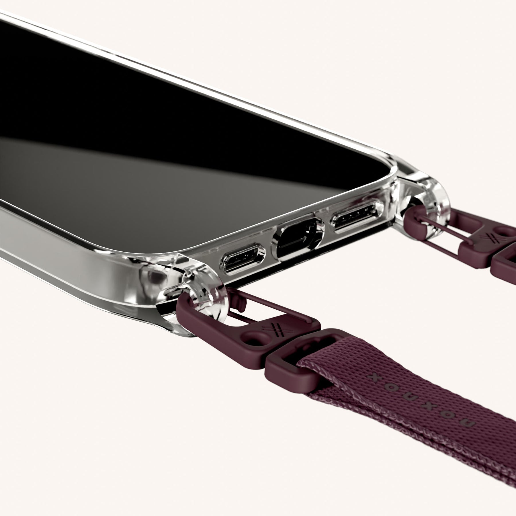 Phone Necklace with Slim Lanyard in Clear + Burgundy