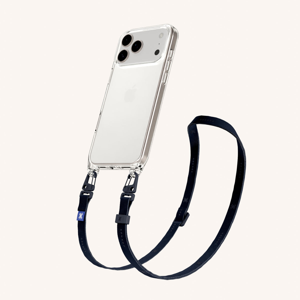 Phone Necklace with Slim Lanyard for iPhone 18 Pro Max without MagSafe in Clear + Midnight Perspective View | XOUXOU #phone model_iphone 18 pro max