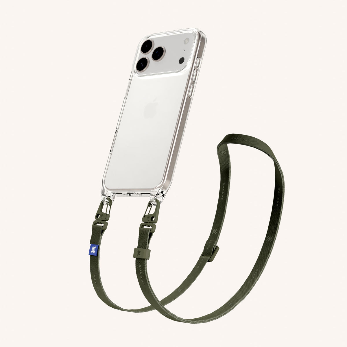 Phone Necklace with Slim Lanyard for iPhone 18 Pro Max without MagSafe in Clear + Moss Perspective View | XOUXOU #phone model_iphone 18 pro max