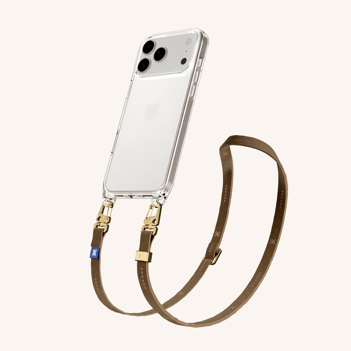 Phone Necklace with Slim Lanyard for iPhone 18 Pro Max without MagSafe in Clear + Taupe Perspective View | XOUXOU #phone model_iphone 18 pro max