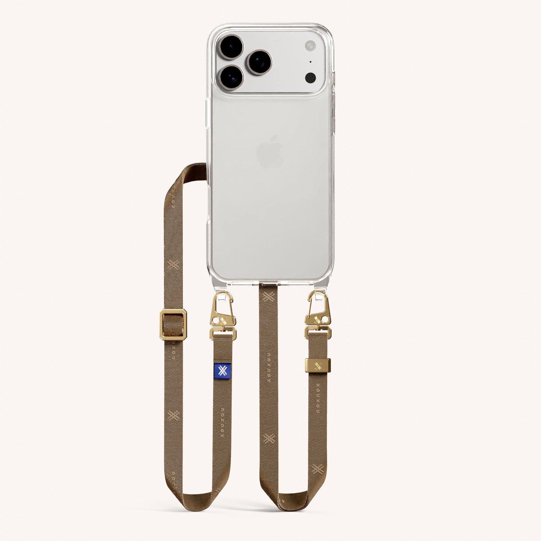 Handykette mit Schmalem Gurt in Clear + Taupe