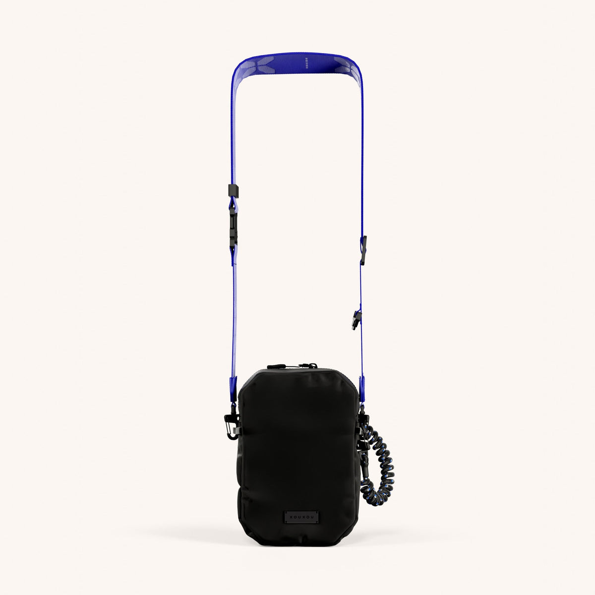 Shoulder Bag with Ultrawide Lanyard in Black + Blue Total View | XOUXOU