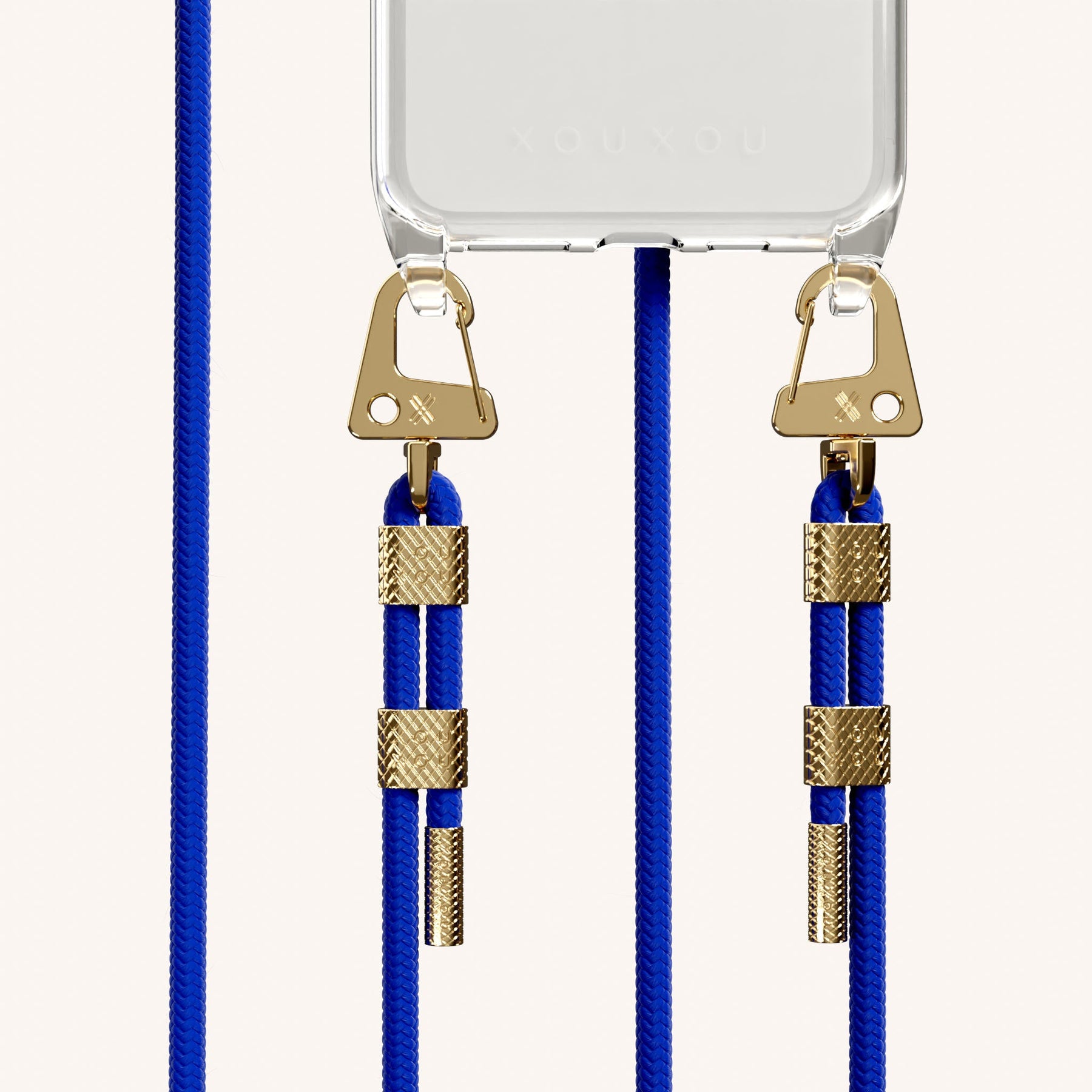 Phone Necklace with Carabiner Rope in Clear + Blue