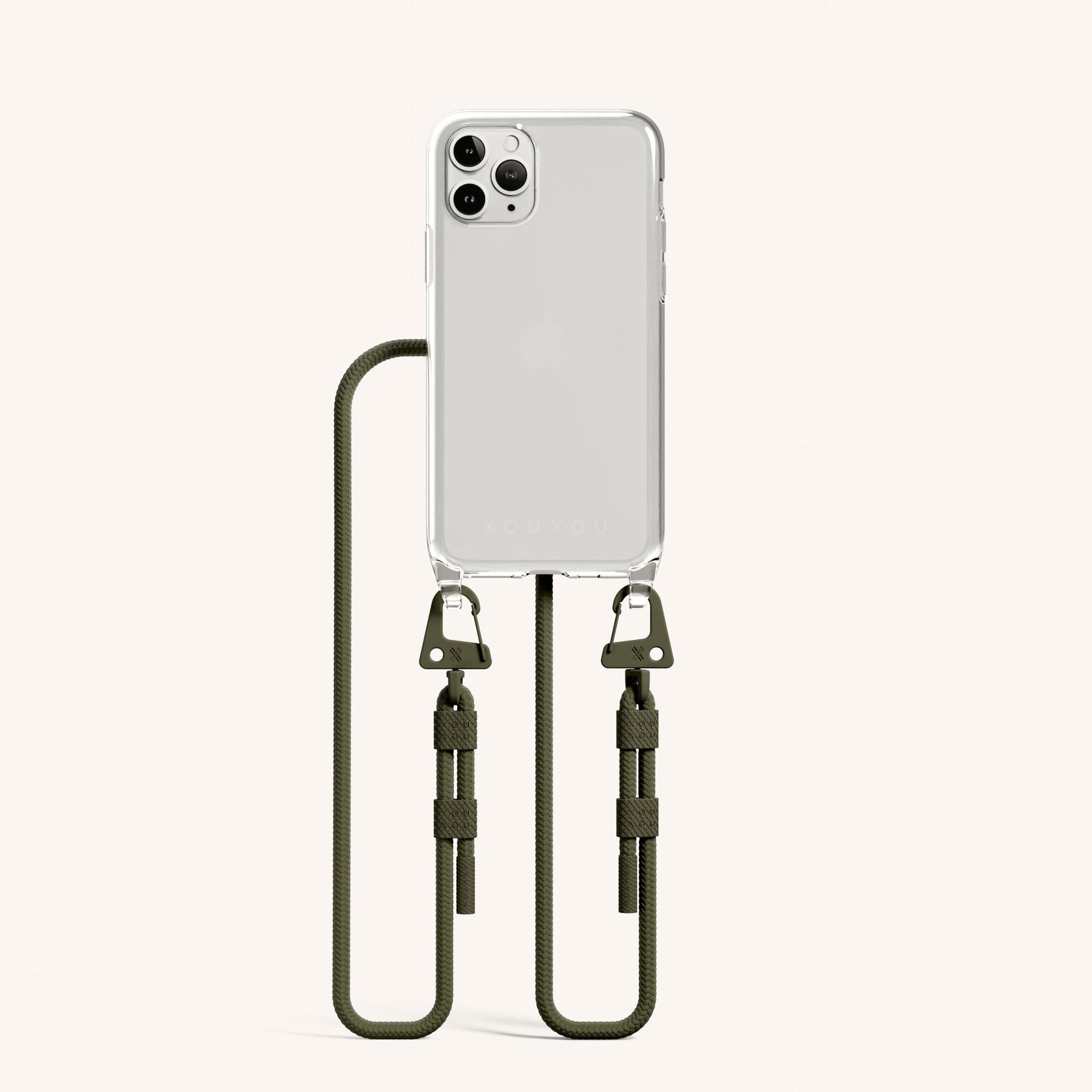 Phone Necklace with Carabiner Rope in Clear + Moss