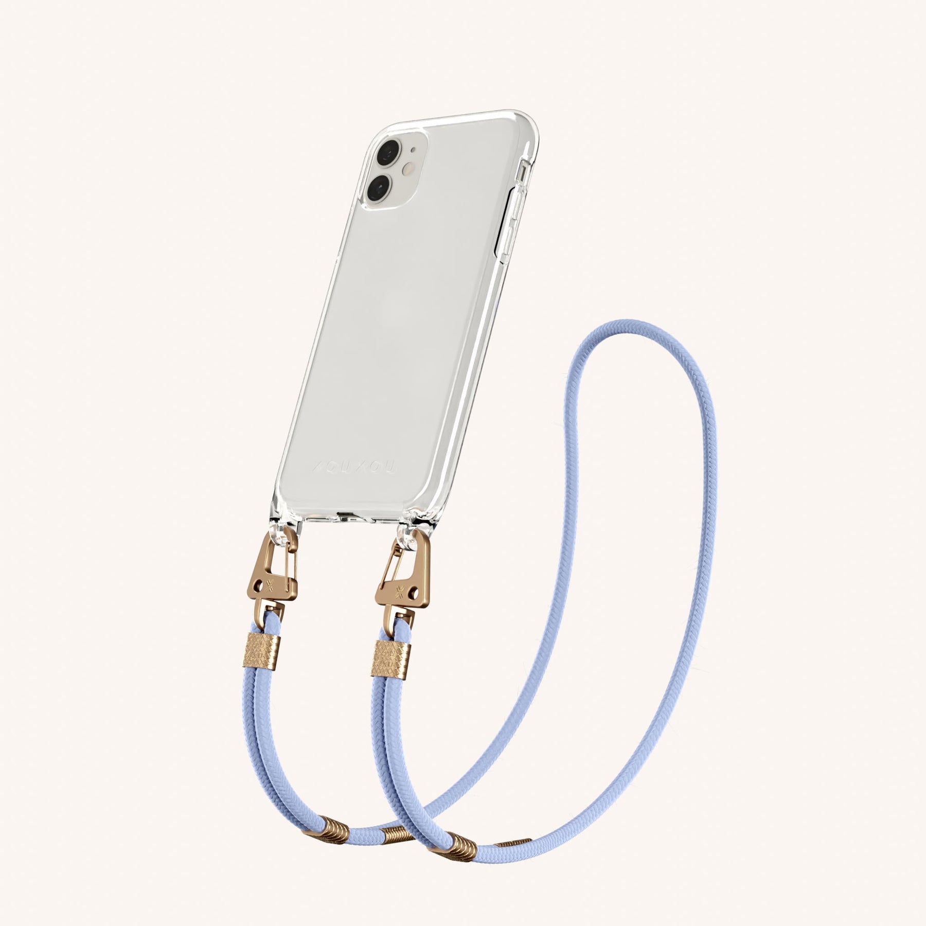 Phone Necklace with Carabiner Rope in Clear + Baby Blue