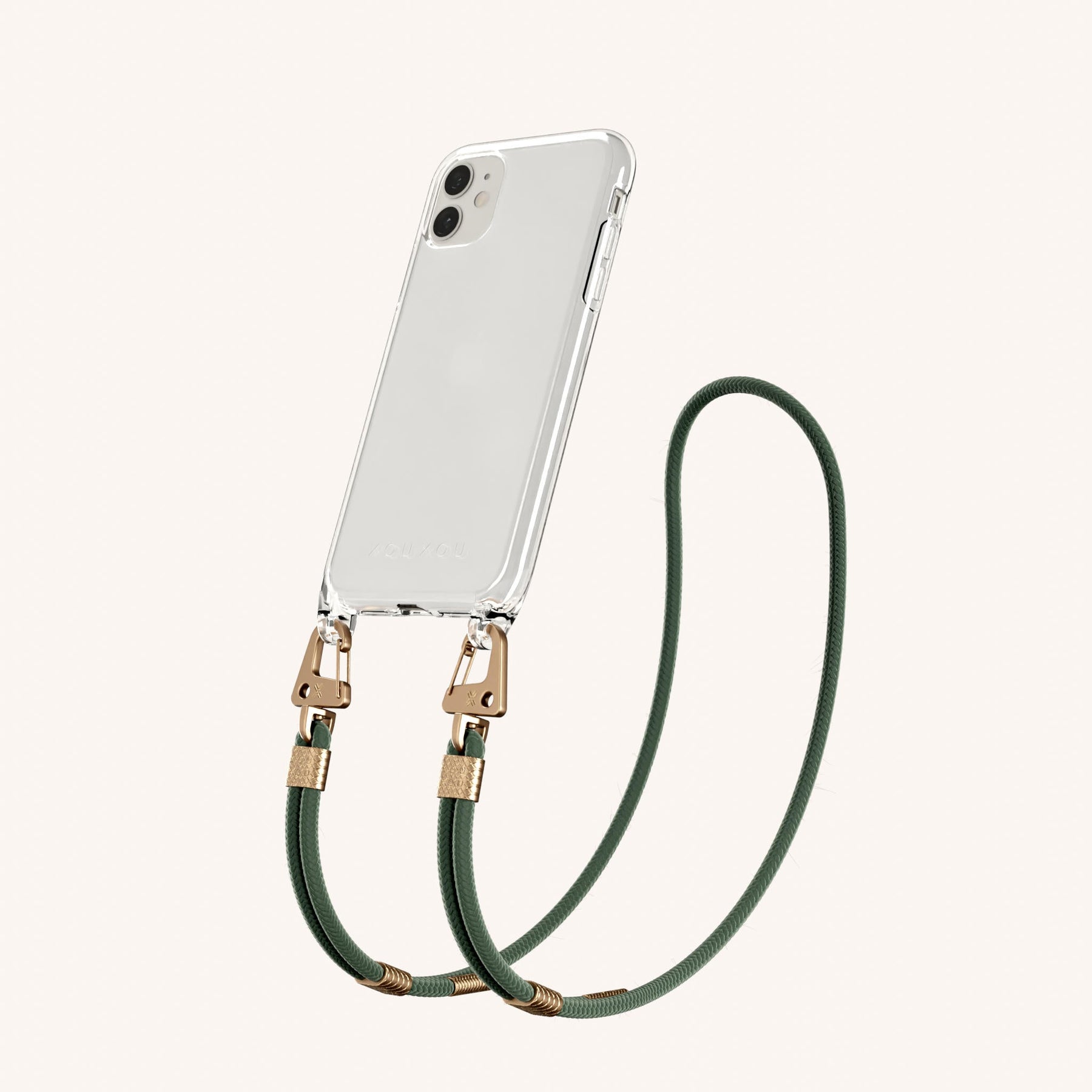 Phone Necklace with Carabiner Rope in Clear + Sage