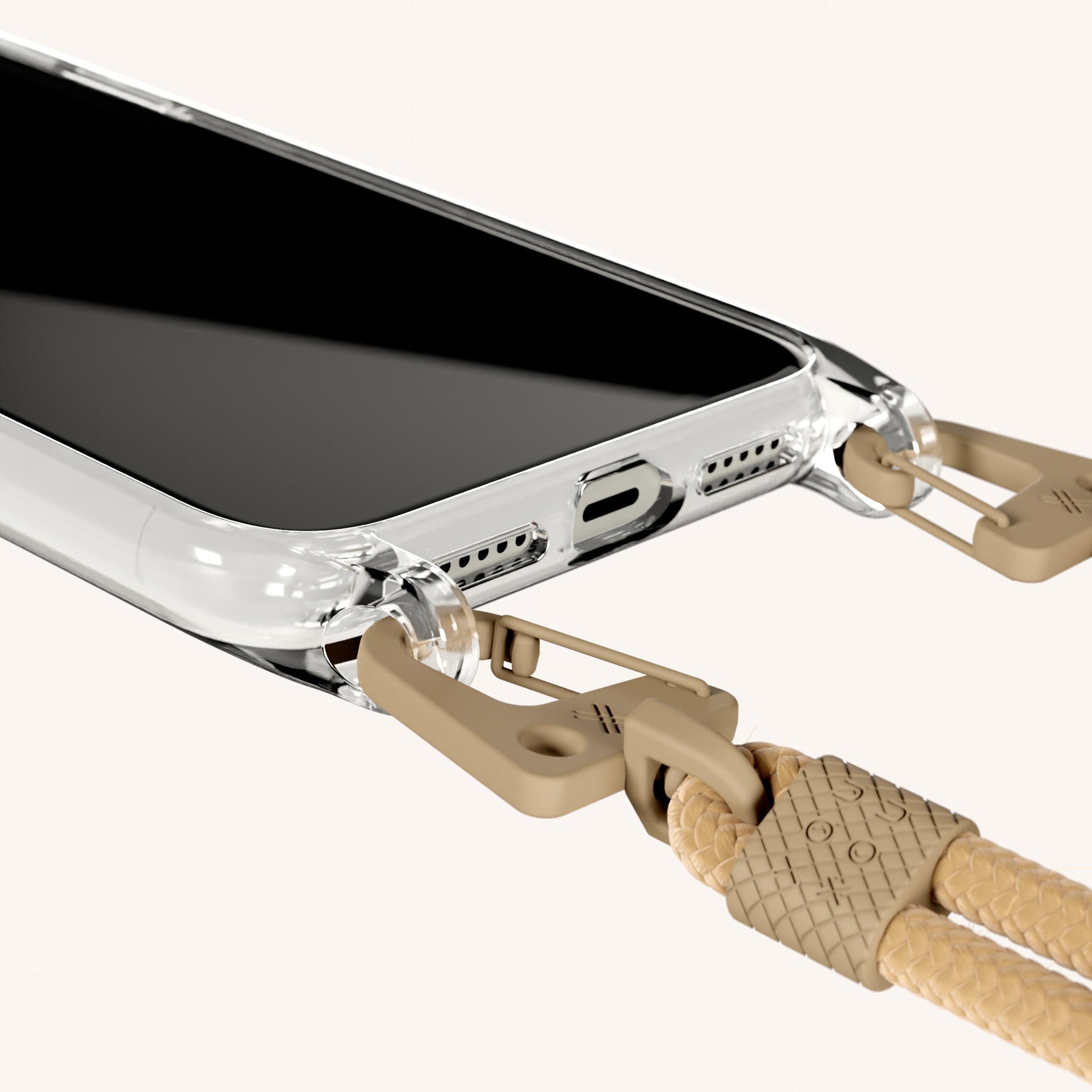Phone Necklace with Carabiner Rope in Clear + Sand